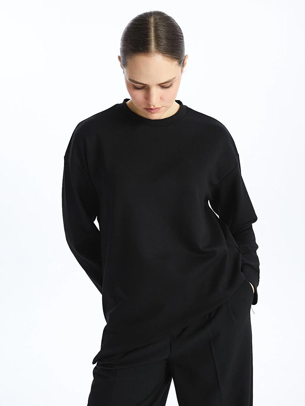 Bisiklet Yaka Düz Oversize Kadın Sweatshirt Tunik