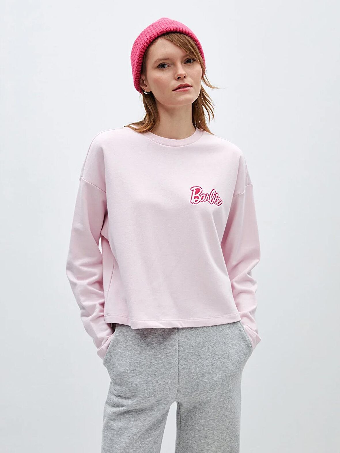 Bisiklet Yaka Barbie Baskılı Uzun Kollu Kadın Sweatshirt