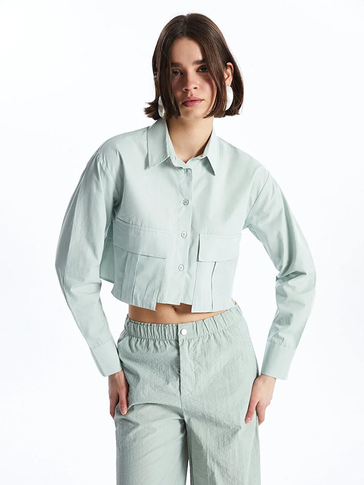 Düz Uzun Kollu Crop Kadın Gömlek