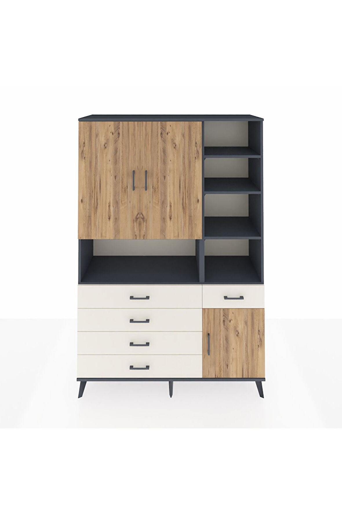 Hyperion Dolap 8 Raflı 5 Çekmeceli 3 Kapaklı 132x44x195 Antrasit-Çam/Aytaşı