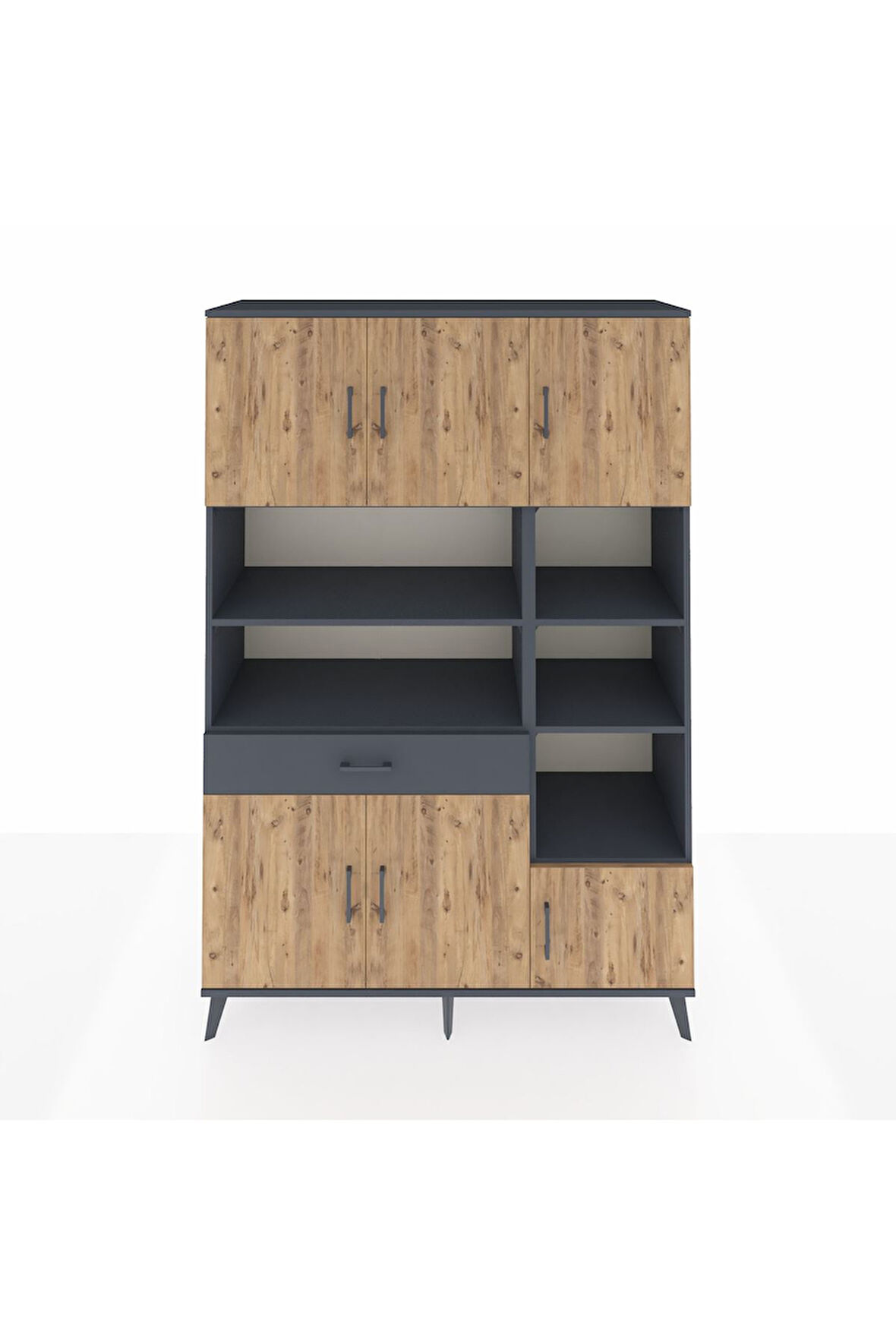 Hyperion Dolap 10 Raflı Tek Çekmeceli 6 Kapaklı 132x44x195 Antrasit-Çam/Antrasit