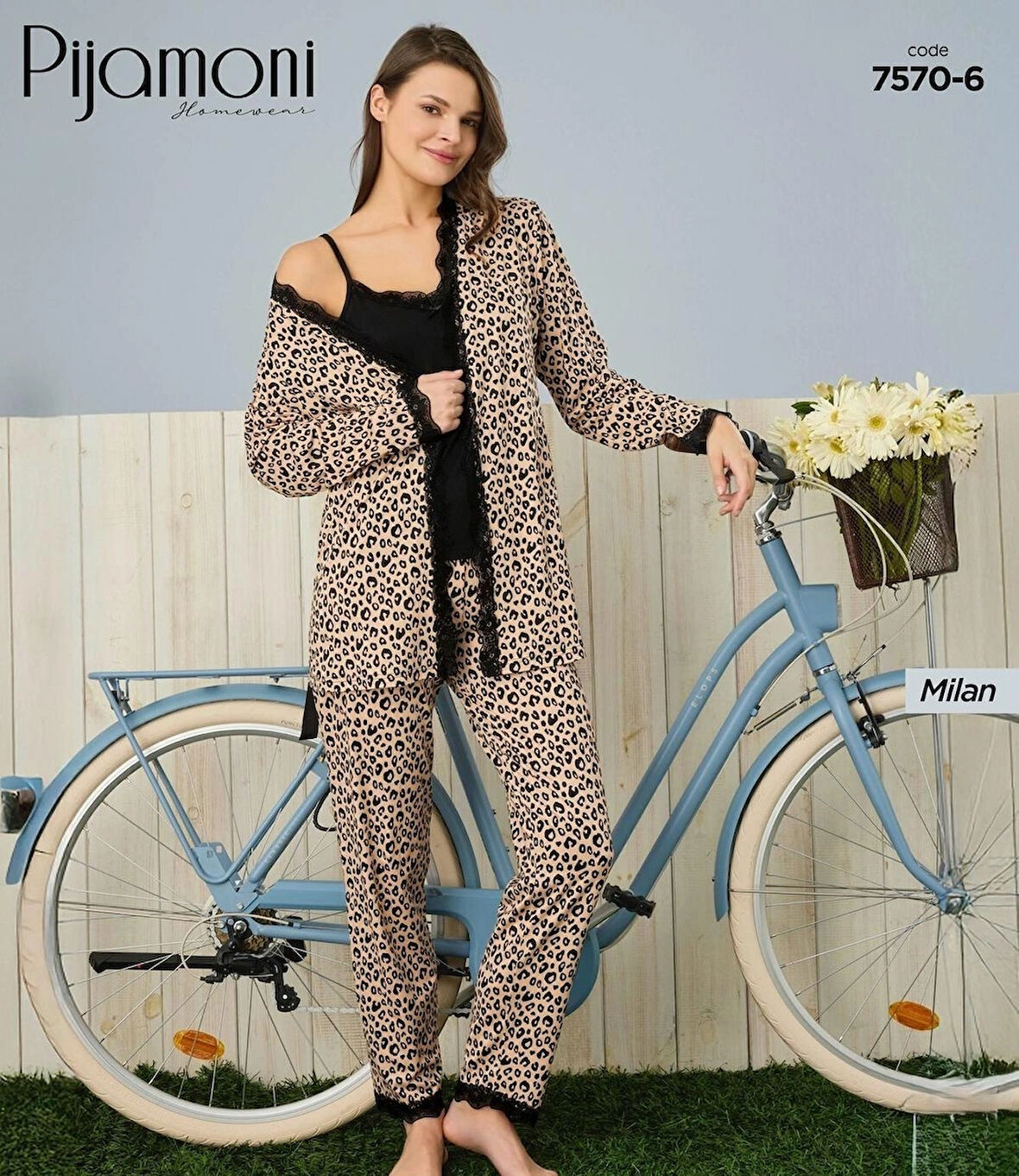 Pijamoni Kadın Milan Kumaş Sabahlıklı Pijama Takım