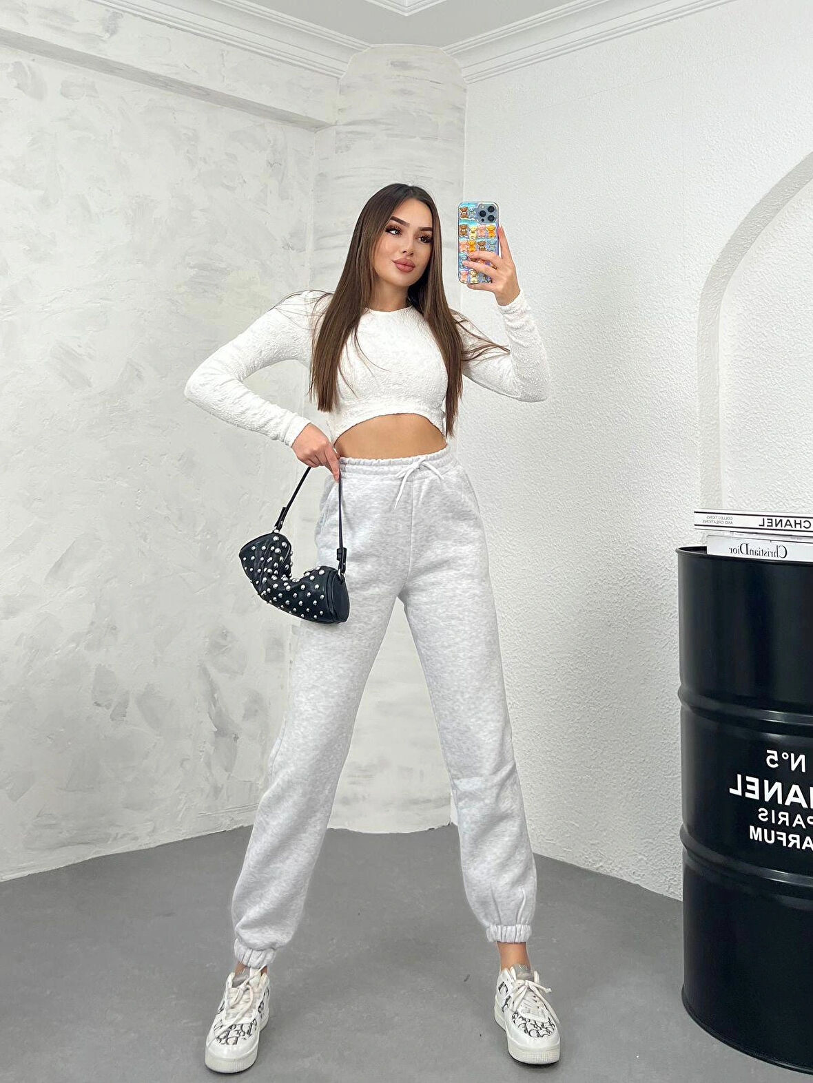 Kadın Gri Kışlık Kalın Içi Polarlı Yüksek Bel Paçası Lastikli Basic Jogger Eşofman Altı