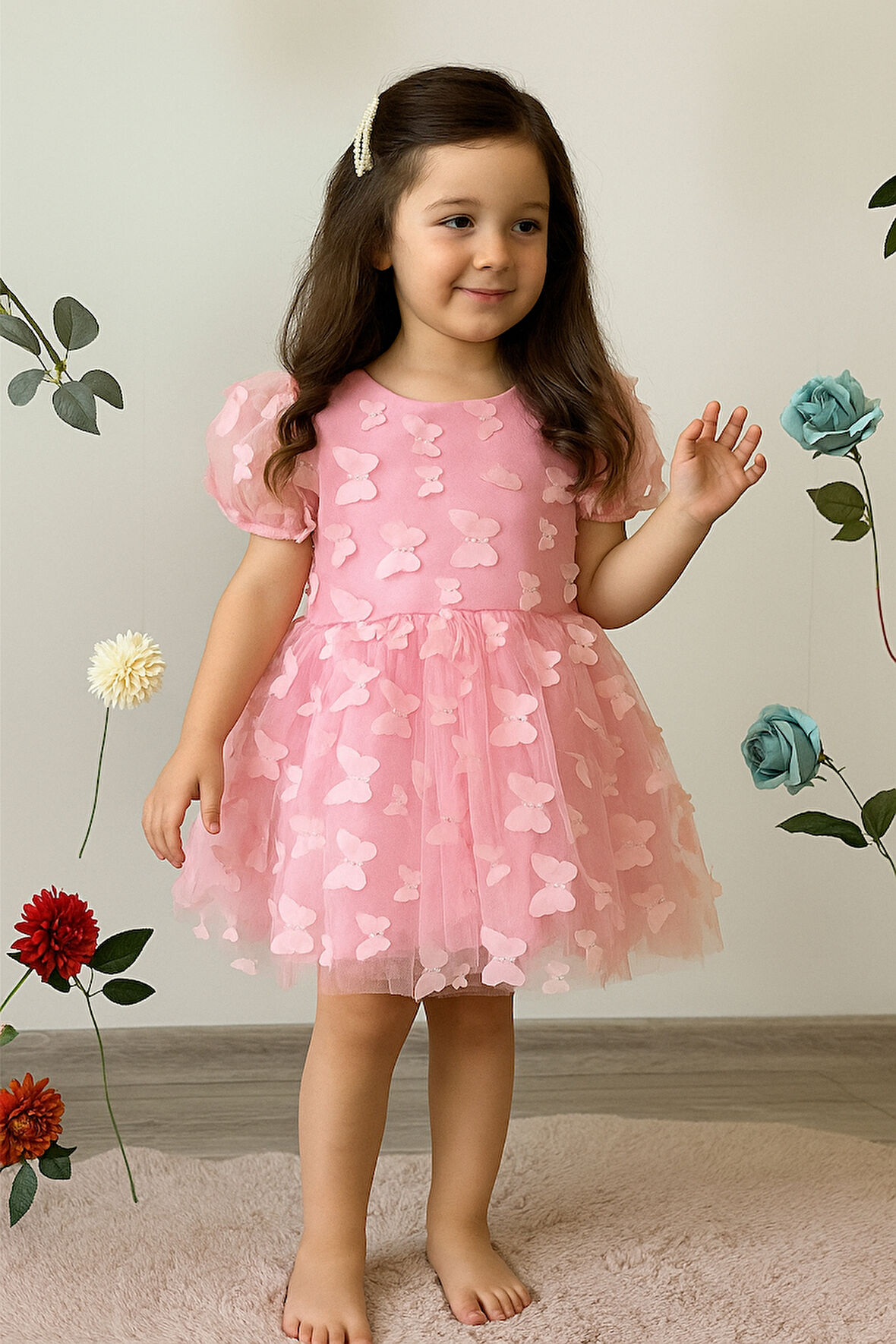 Kelebek Desenli Pembe Elbise Kısa Kollu Fiyonklu Doğum Günü Parti Düğün Özel Gün Tüllü Astarlı Prenses Parti Elbise