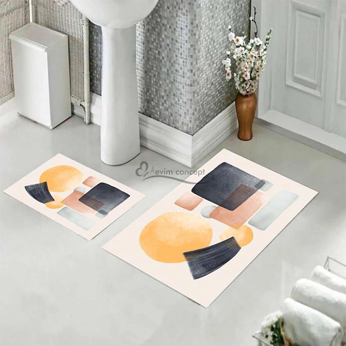 Geometrik Desen Banyo Paspası, Renkli Paspas Takımı, Kaymaz Taban Banyo Paspası, Klozet Takımı, Yıkanabilir Klozet Takımı, Dekoratif Banyo Paspası,