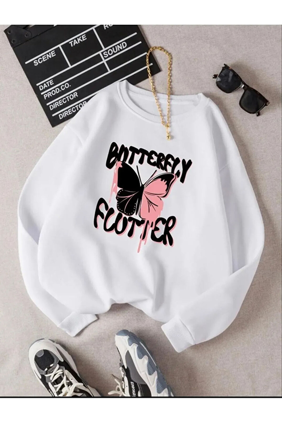 Beyaz Siyah Pembe Kelebek Butterfly Flutter Baskılı Bisiklet Yaka Kız/Erkek Çocuk