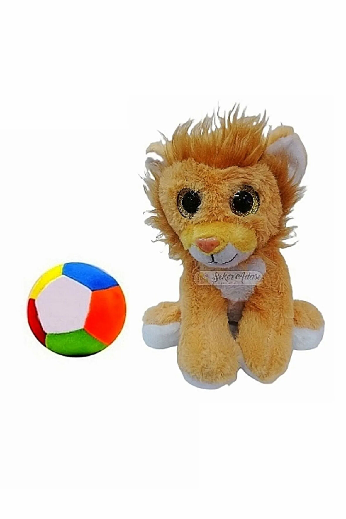 Peluş Yeleli Camgöz Aslan 28 cm ve Peluş Top 12 cm - 2 Ürün 1 Arada Oyuncak