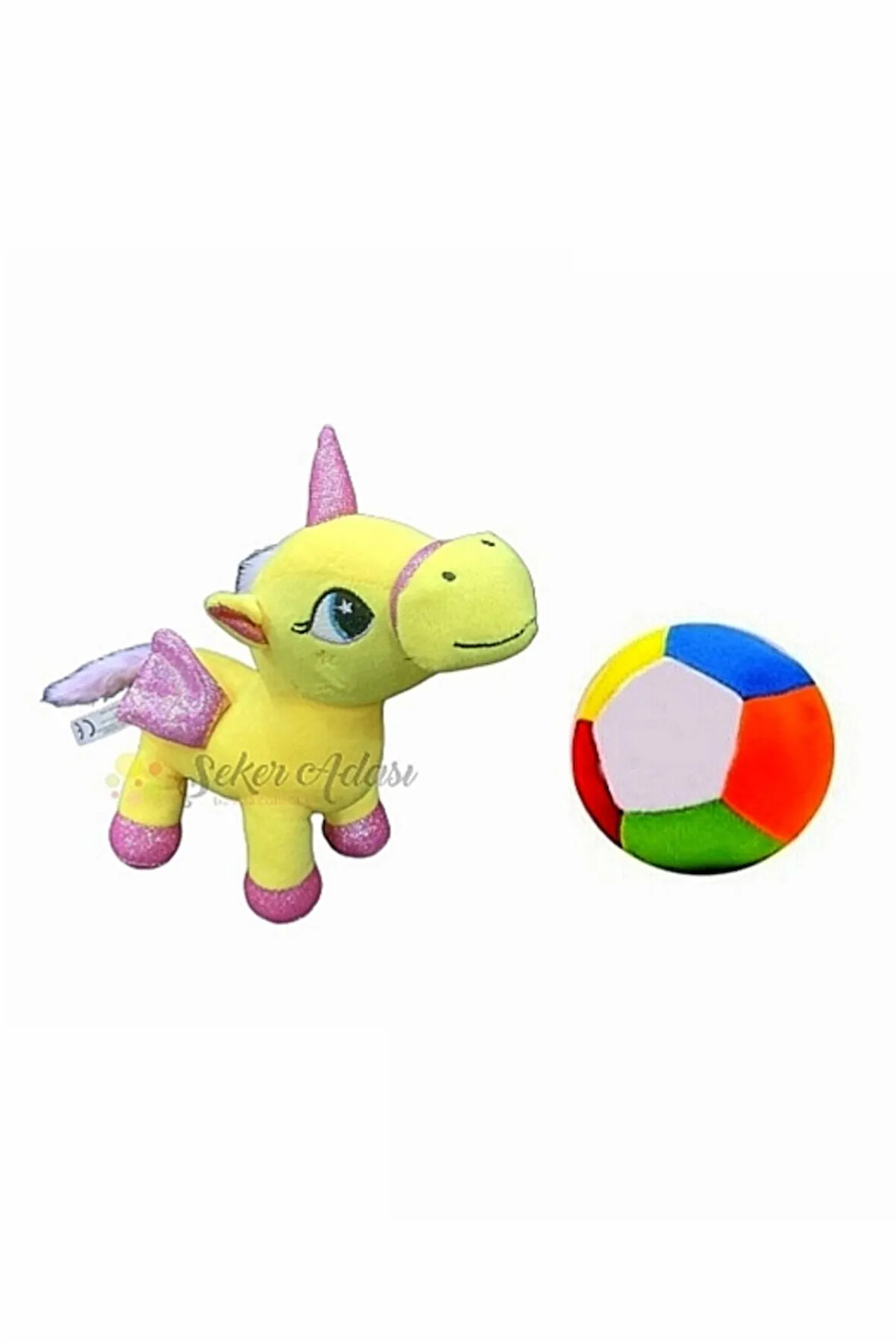 Peluş Sarı Unicorn Pony At 20 cm ve Peluş Top 12 cm - 2 Ürün 1 Arada Oyuncak