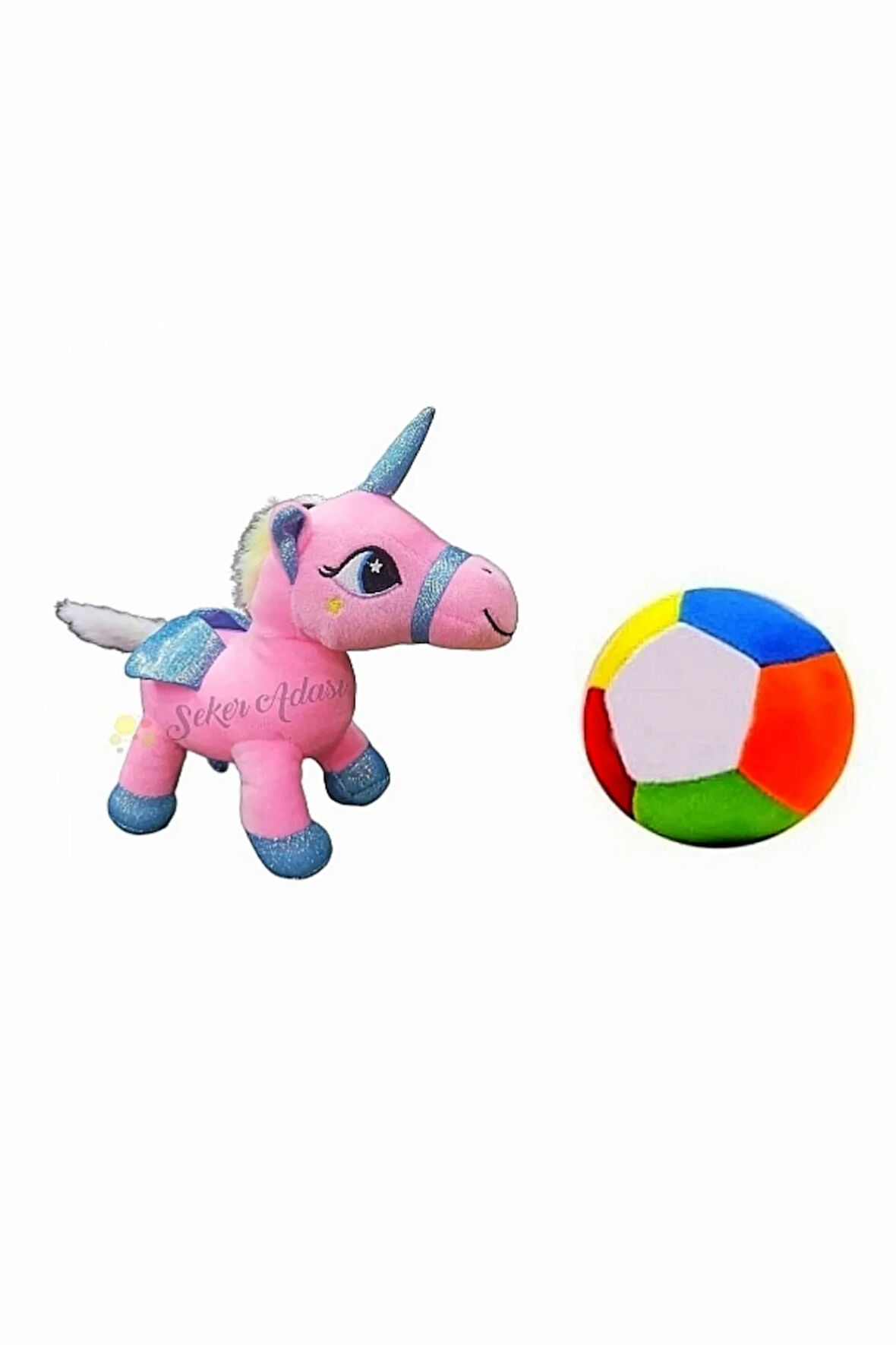 Peluş Pembe Unicorn Pony At 20 cm ve Peluş Top 12 cm - 2 Ürün 1 Arada Oyuncak