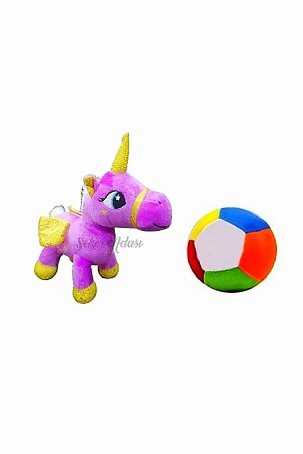 Peluş Mor Unicorn Pony At 20 cm ve Peluş Top 12 cm - 2 Ürün 1 Arada Oyuncak