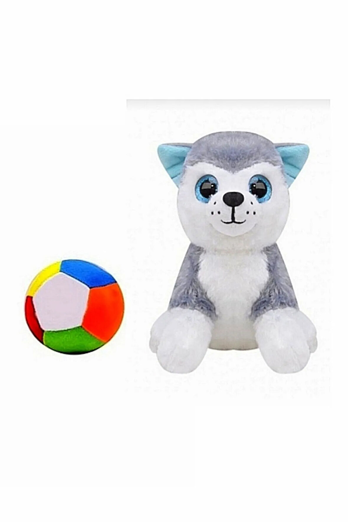 Peluş Husky Sibirya Kurt Köpek 20 cm ve Peluş Top 12 cm - 2 Ürün 1 Arada Oyuncak