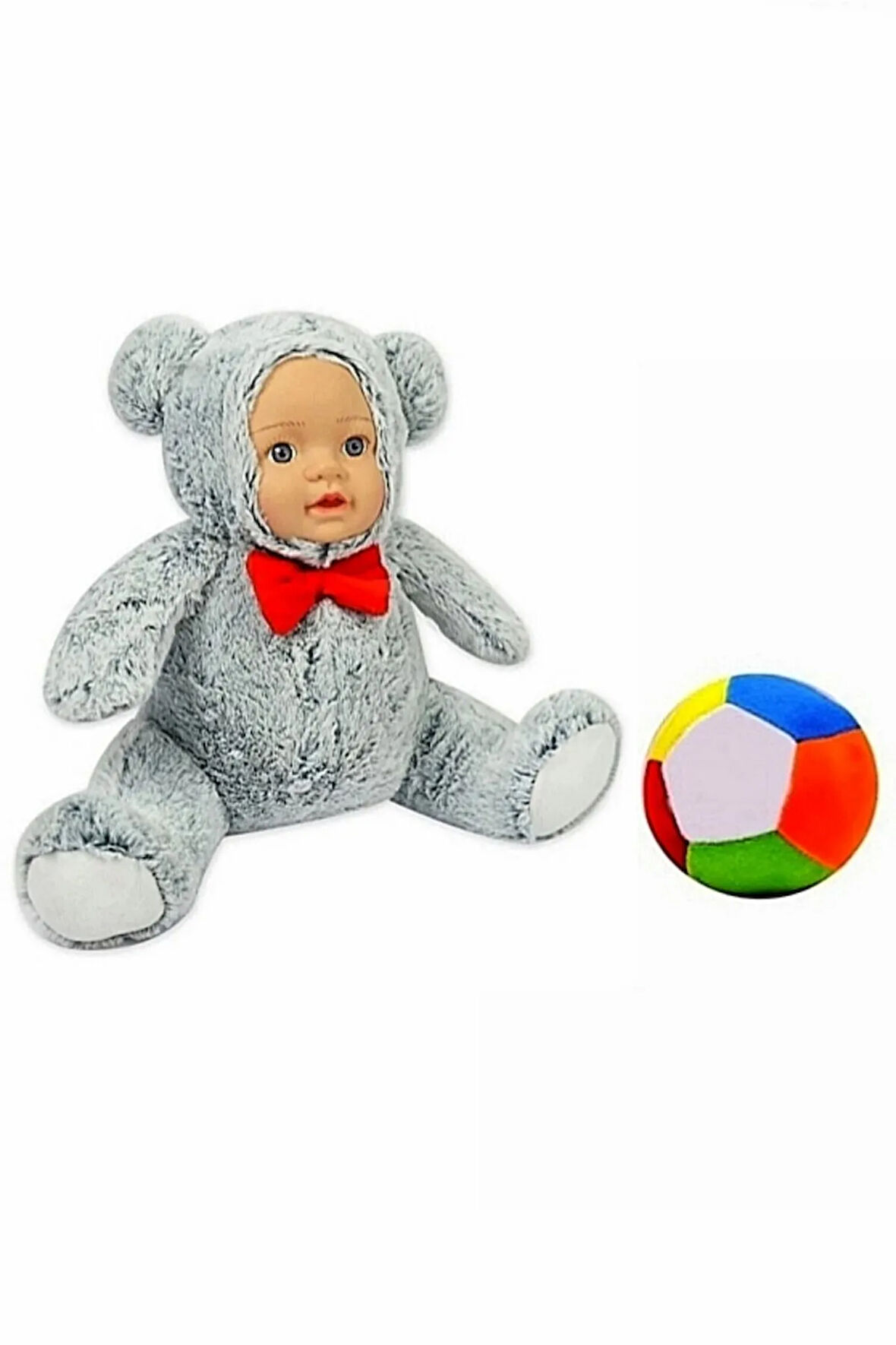 Peluş Bebek Yüzlü Ayı 30 cm ve Peluş Top 12 cm - 2 Ürün 1 Arada Oyuncak