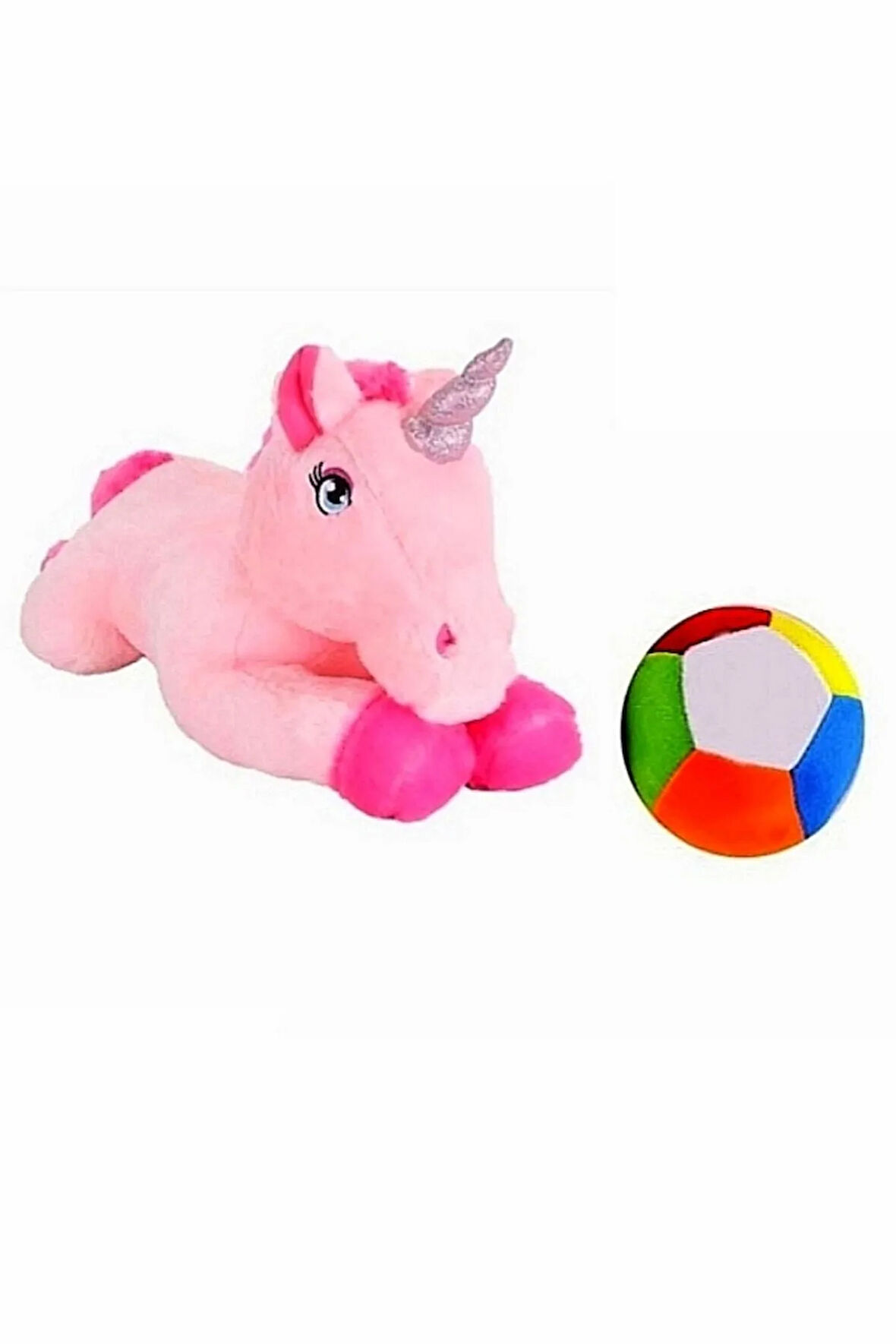 Peluş Unicorn Pony At 50 cm ve Peluş  Top - 2 Ürün 1 Arada Oyuncak