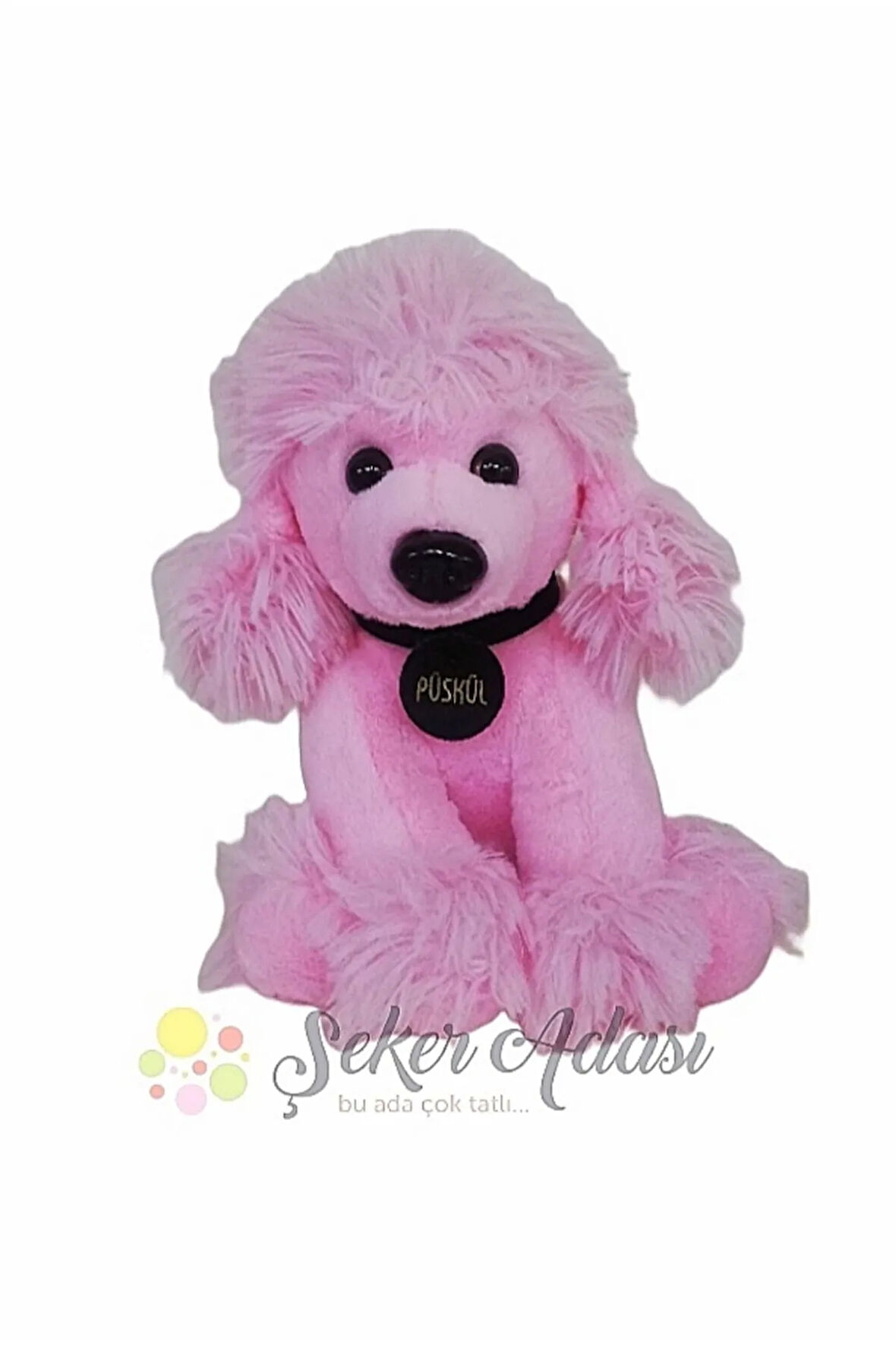 Sevimli Oturan Pembe Tüylü Peluş Püskül Süs Köpek 30 Cm