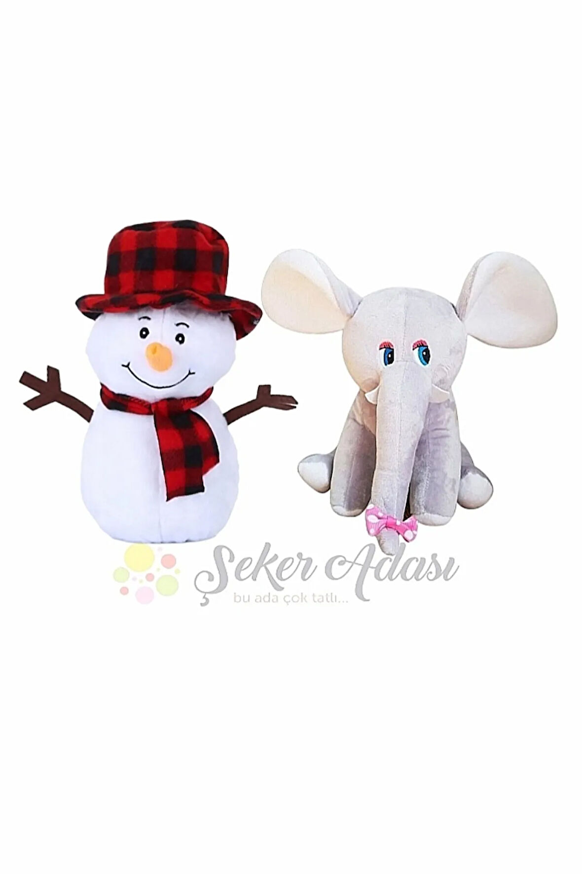 Peluş Kardan Adam 25 Cm ve Fil 20 Cm Yılbaşı Kış Dekoratif Hediye Süsleme