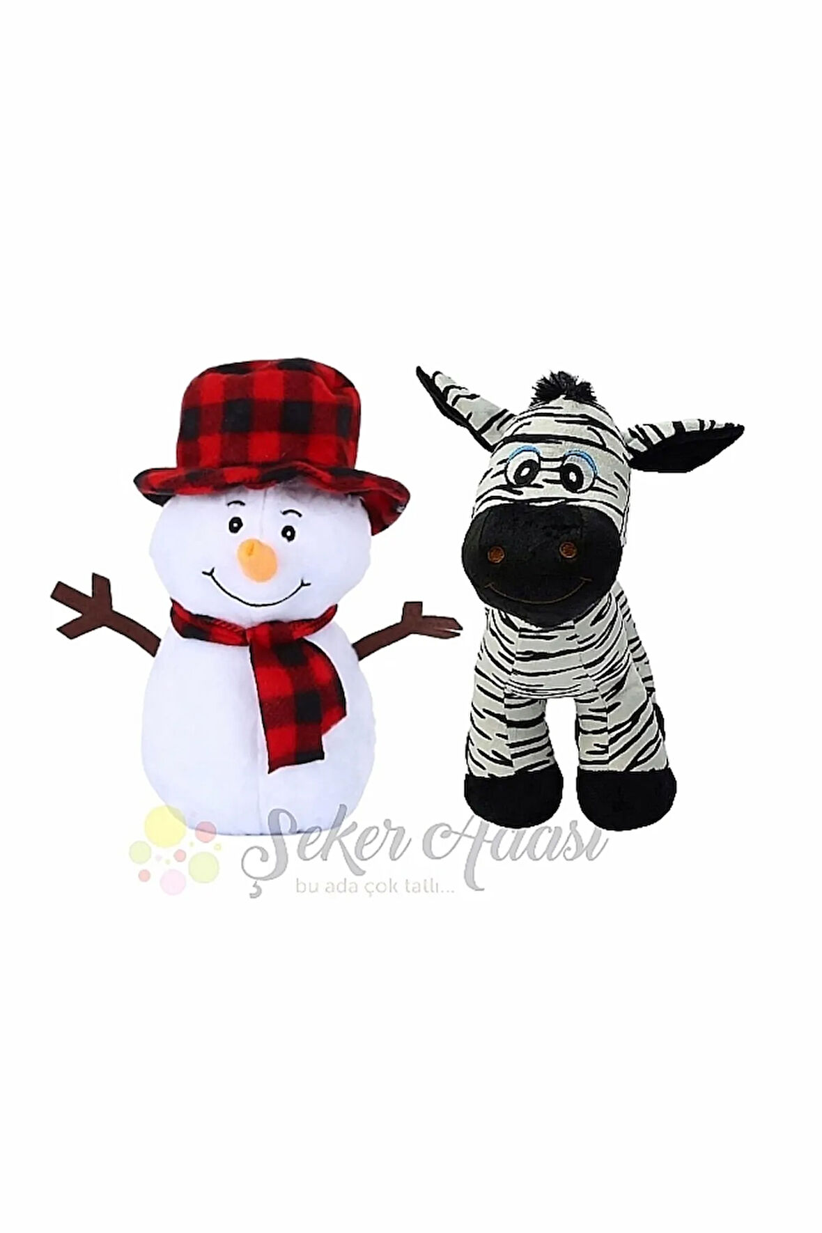 Peluş Kardan Adam 25 Cm ve Çizgili Zebra 25 Cm Yılbaşı Kış Dekoratif Hediye Süsleme