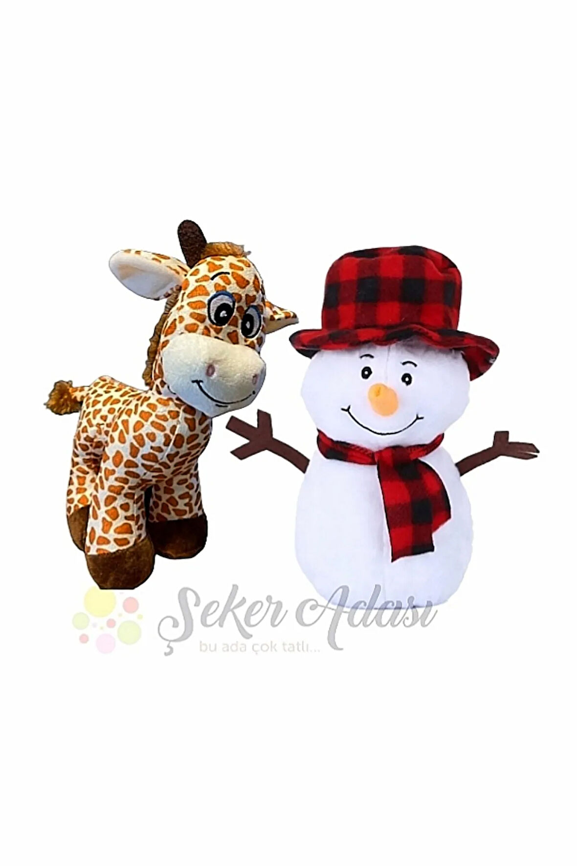 Peluş Kardan Adam 25 Cm ve Zürafa Zuzu 28 Cm Yılbaşı Kış Dekoratif Hediye Süsleme