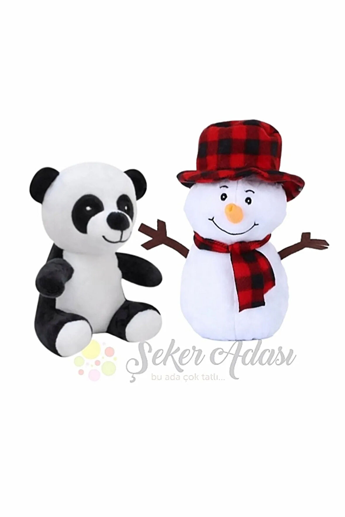 Peluş Kardan Adam 25 Cm ve Ayı Panda 20 Cm Yılbaşı Kış Dekoratif Hediye Süsleme