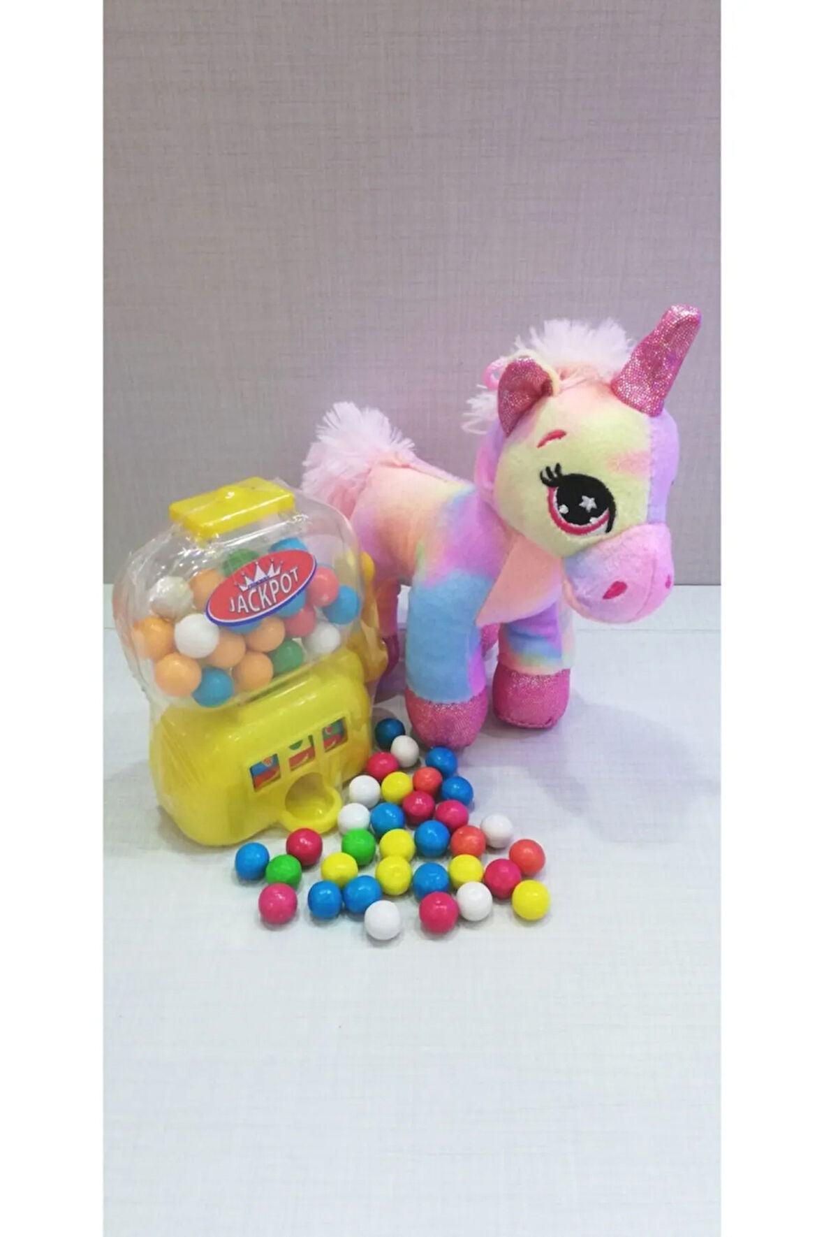 2 Si 1 Arada / Sevimli Unicorn Pony At 15 Cm Ve Sarı Jackpot Sakız Makinesi