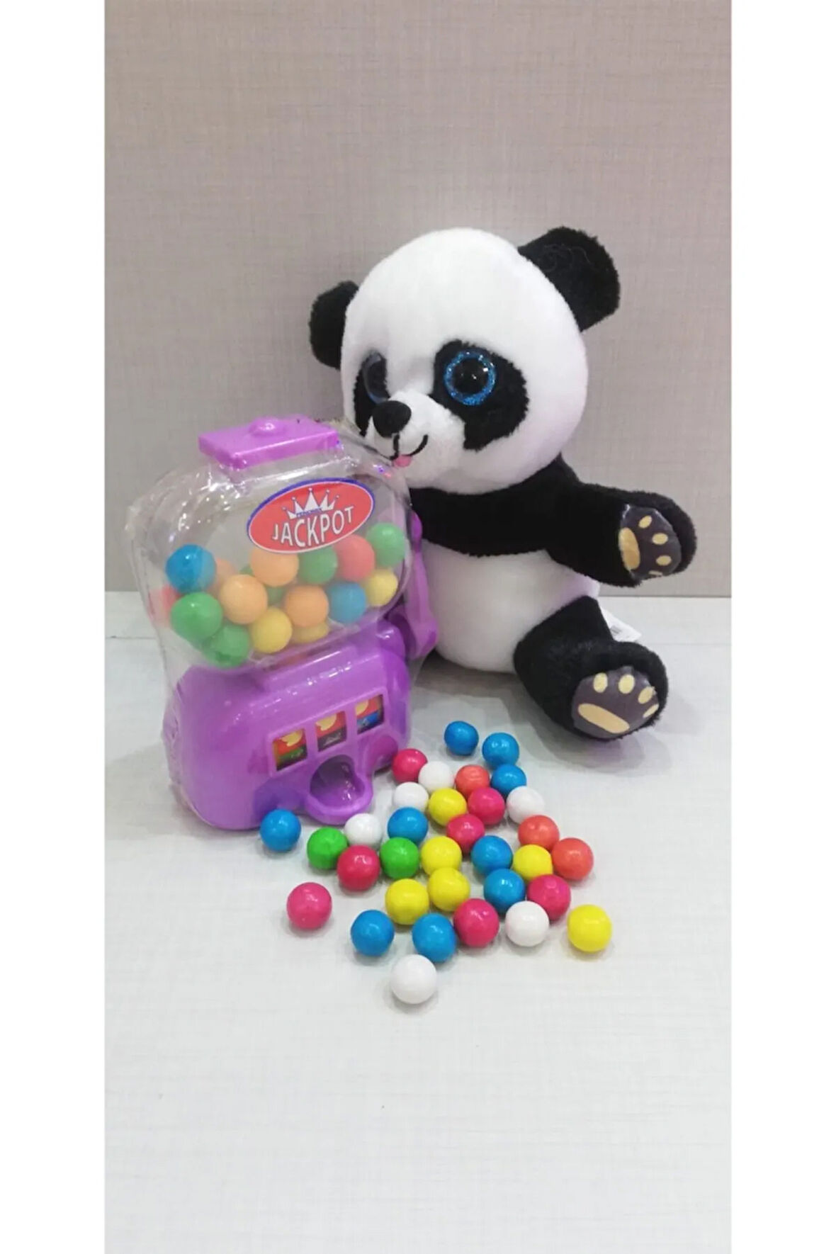 2 Si 1 Arada / Sevimli Panda 15 Cm Ve Mor Jackpot Sakız Makinesi