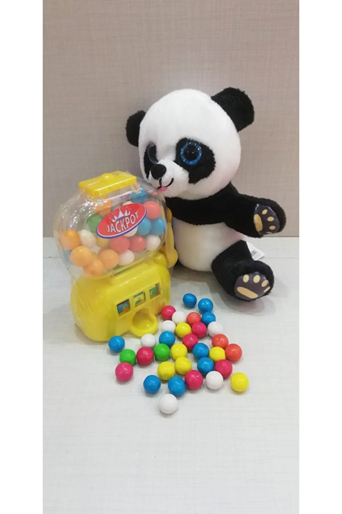 2 Si 1 Arada / Sevimli Panda 15 Cm Ve Sarı Jackpot Sakız Makinesi