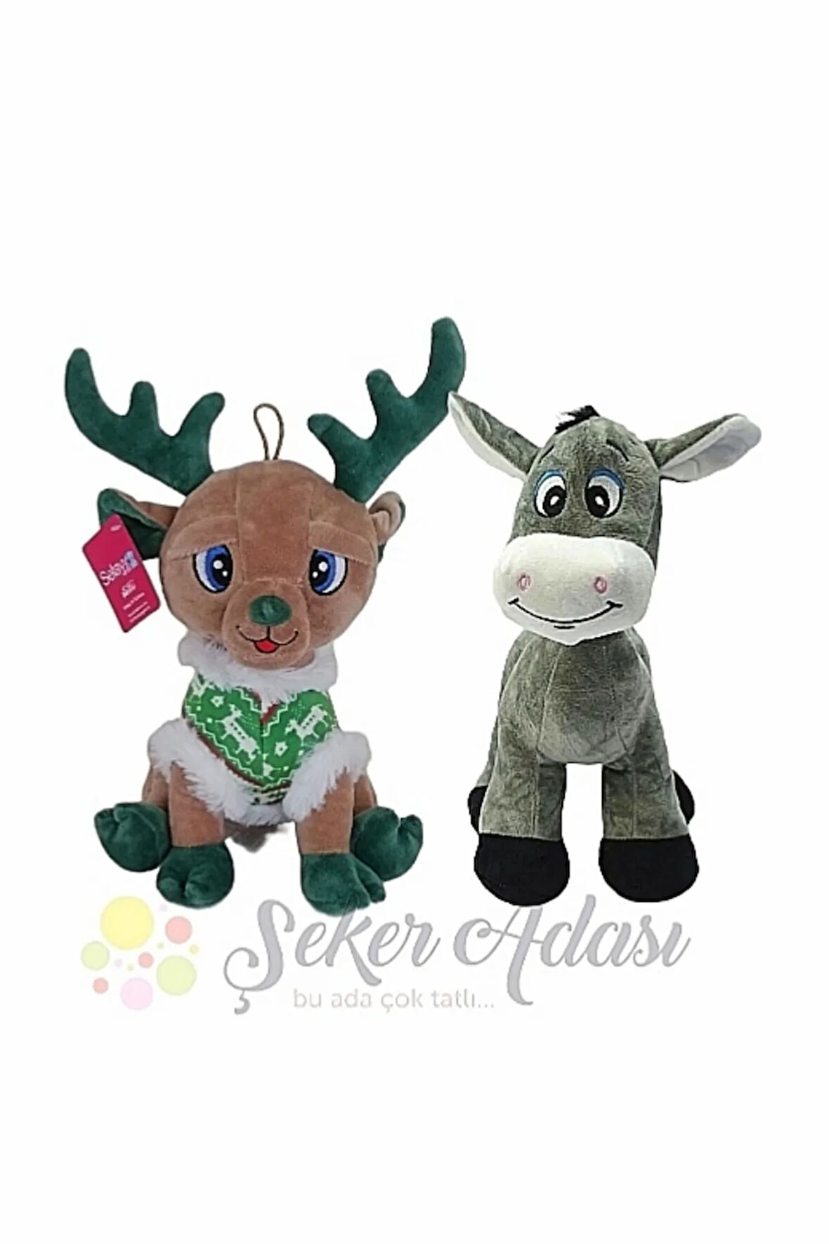 Sevimli Peluş Geyik 28 Cm ve Peluş Eşek 28 Cm İkili Oyuncak Set Hediyelik