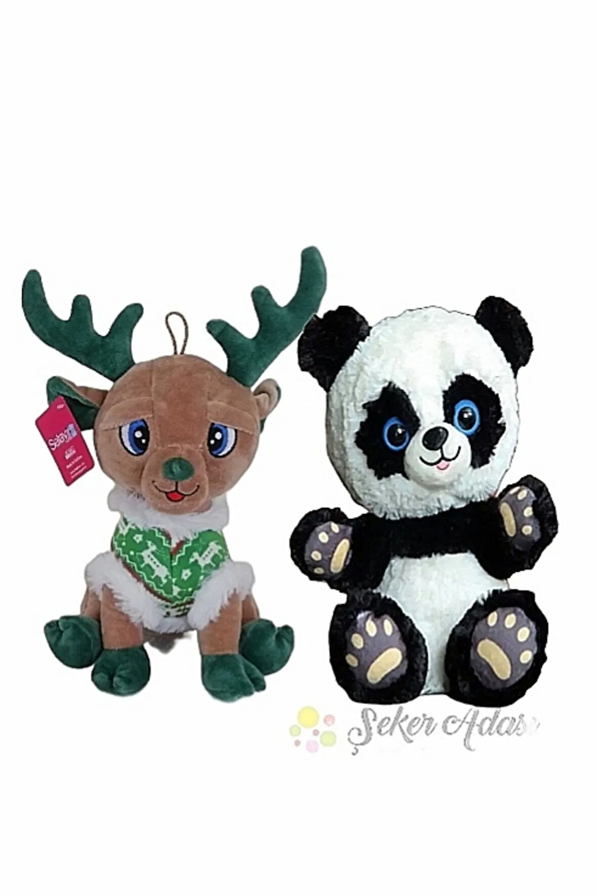 Sevimli Peluş Geyik 28 Cm ve Peluş Panda Ayı 28 Cm İkili Oyuncak Set Hediyelik