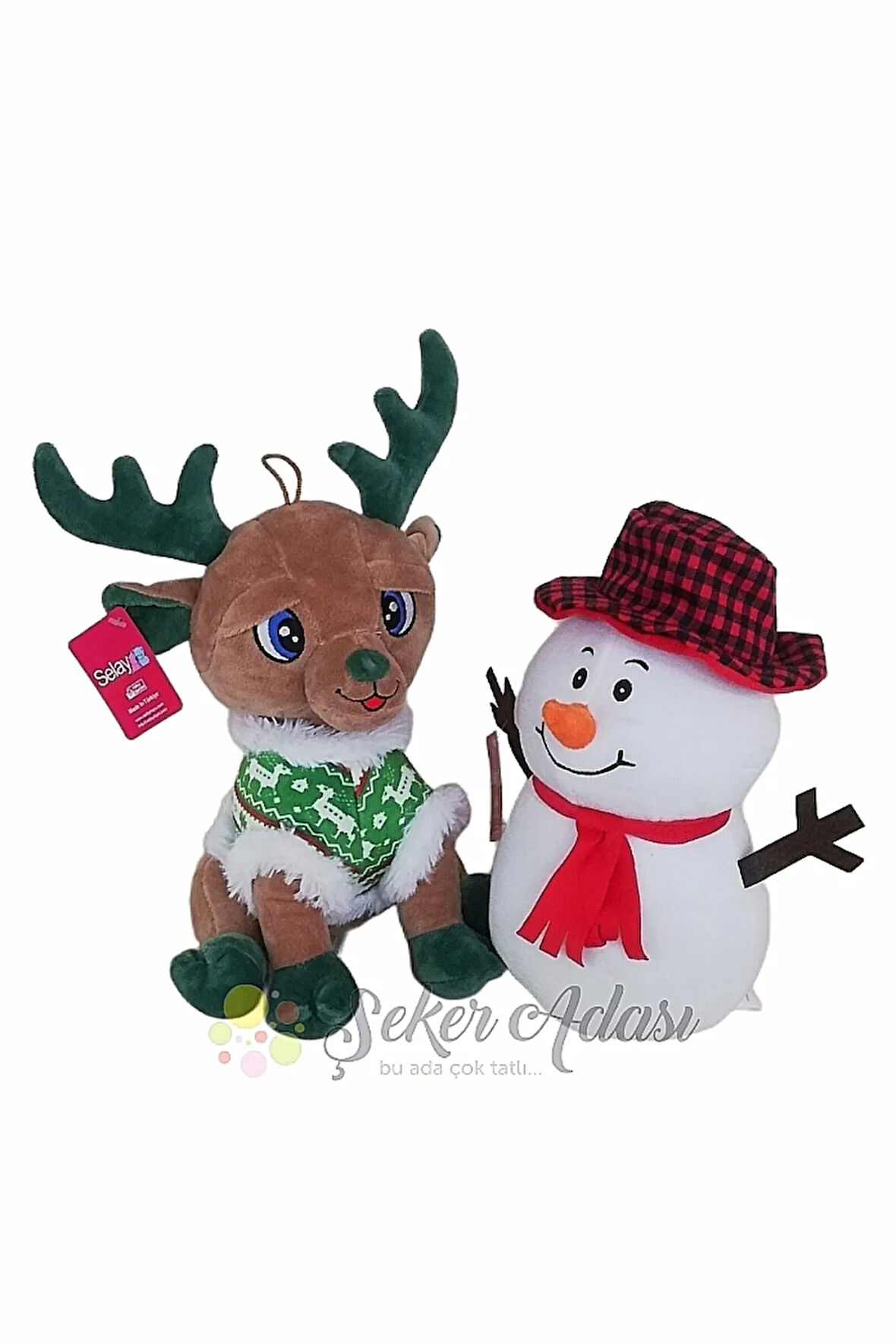 Sevimli Peluş Geyik 28 Cm ve Peluş Kardan Adam 25 Cm İkili Oyuncak Set Hediyelik