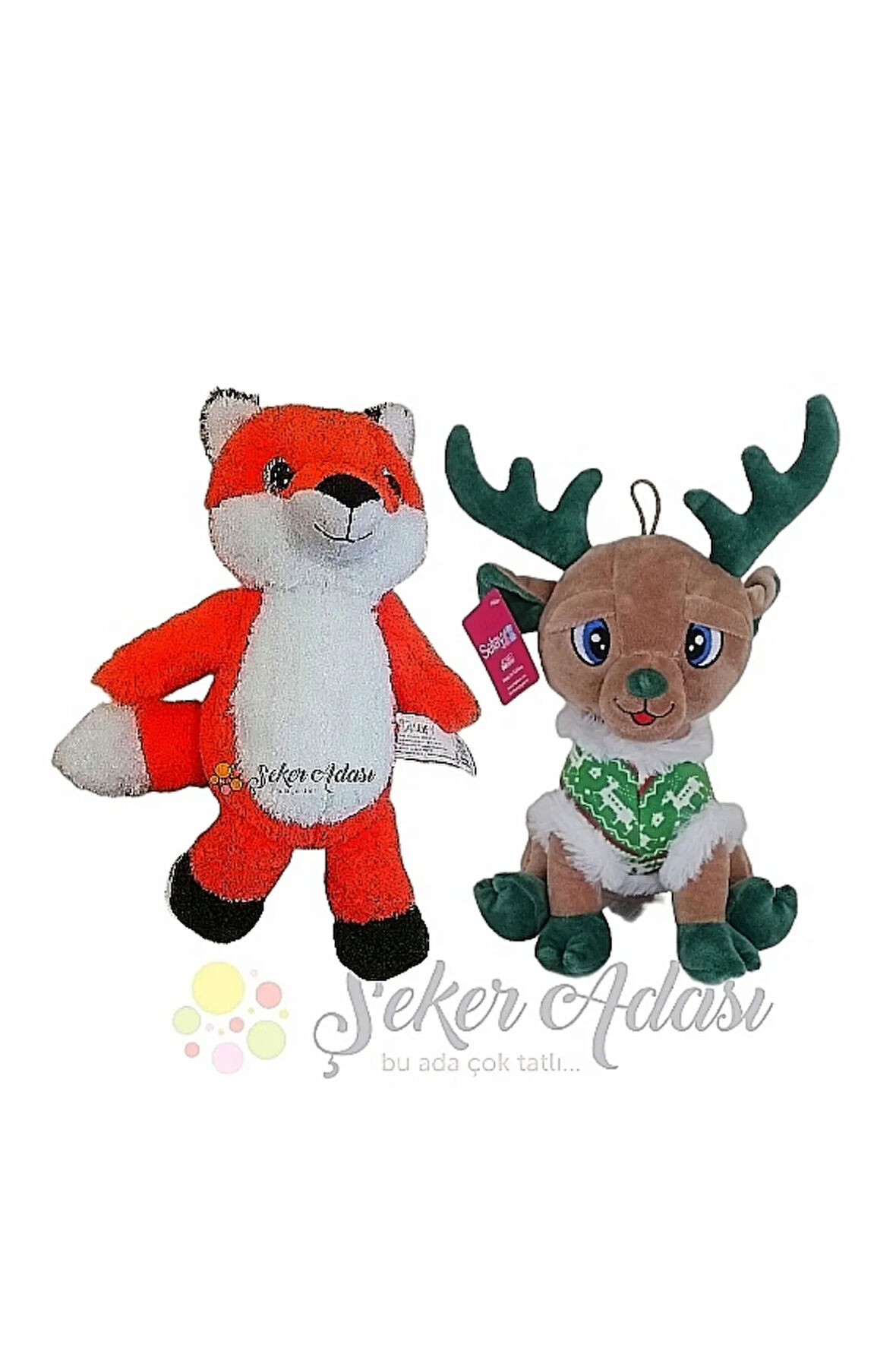 Sevimli Peluş Geyik 28 Cm ve Peluş Tilki 35 Cm İkili Oyuncak Set Hediyelik