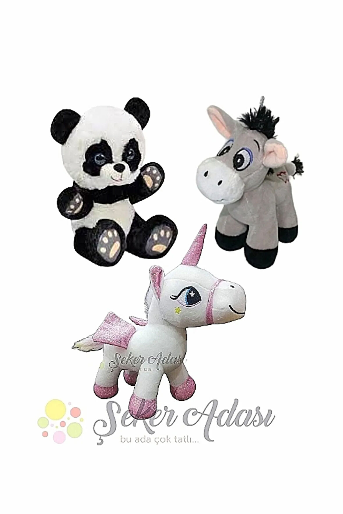 Küçük Peluş Panda-Eşek-Unicorn Pony At 15 Cm Üçlü Peluş Oyuncak