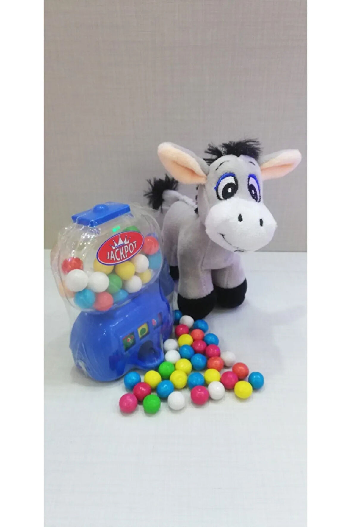 2 Si 1 Arada / Sevimli Arkadaşım Eşek Sıpası 15 Cm Ve Mavi Jackpot Sakız Makinesi