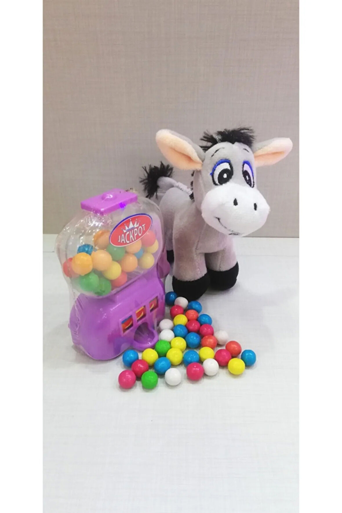 2 Si 1 Arada / Sevimli Arkadaşım Eşek Sıpası 15 Cm Ve Mor Jackpot Sakız Makinesi