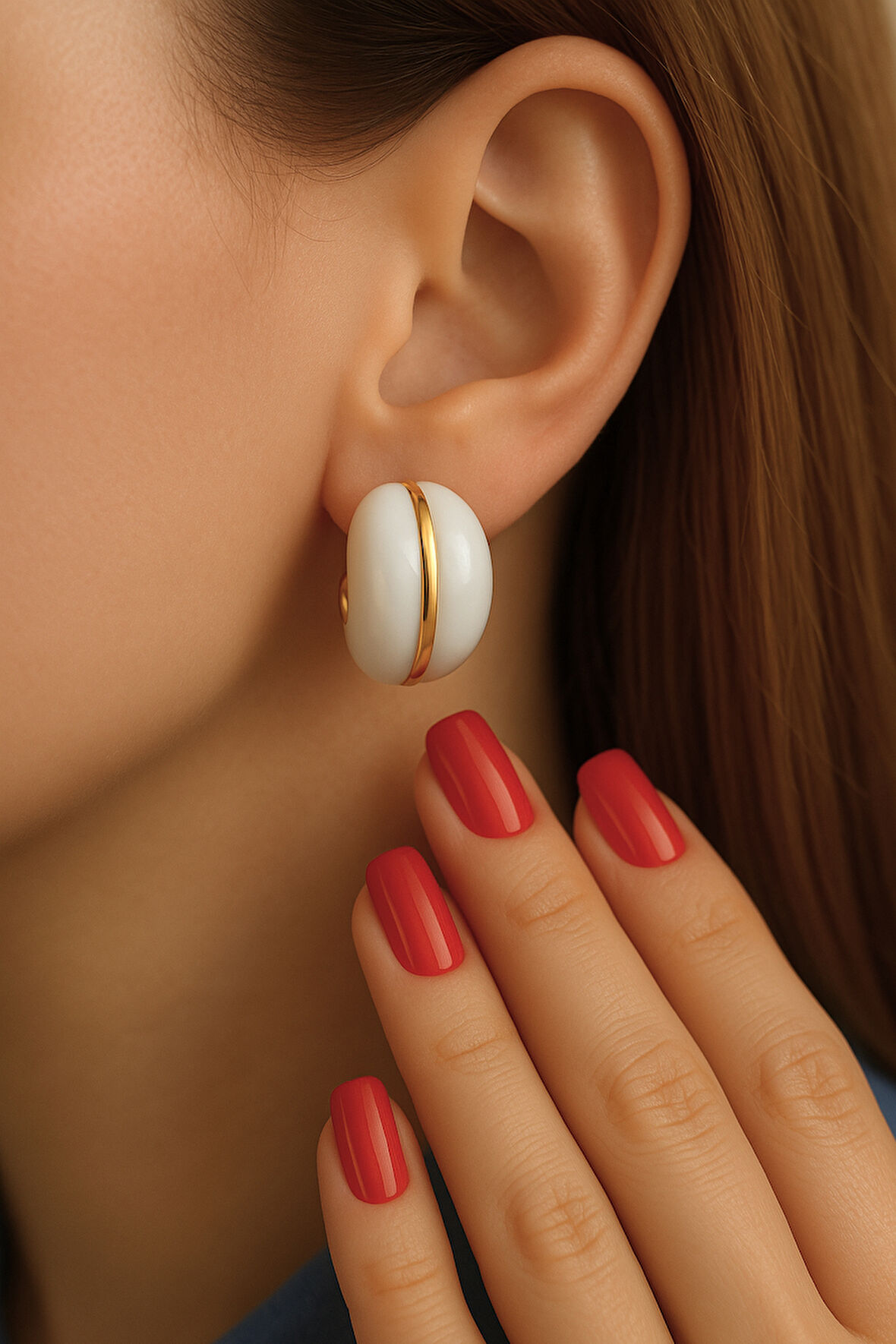 İnci Rengi Mineli Bombeli Küpe – Altın Detaylı, Dikkat Çekici ve Modern Tasarım