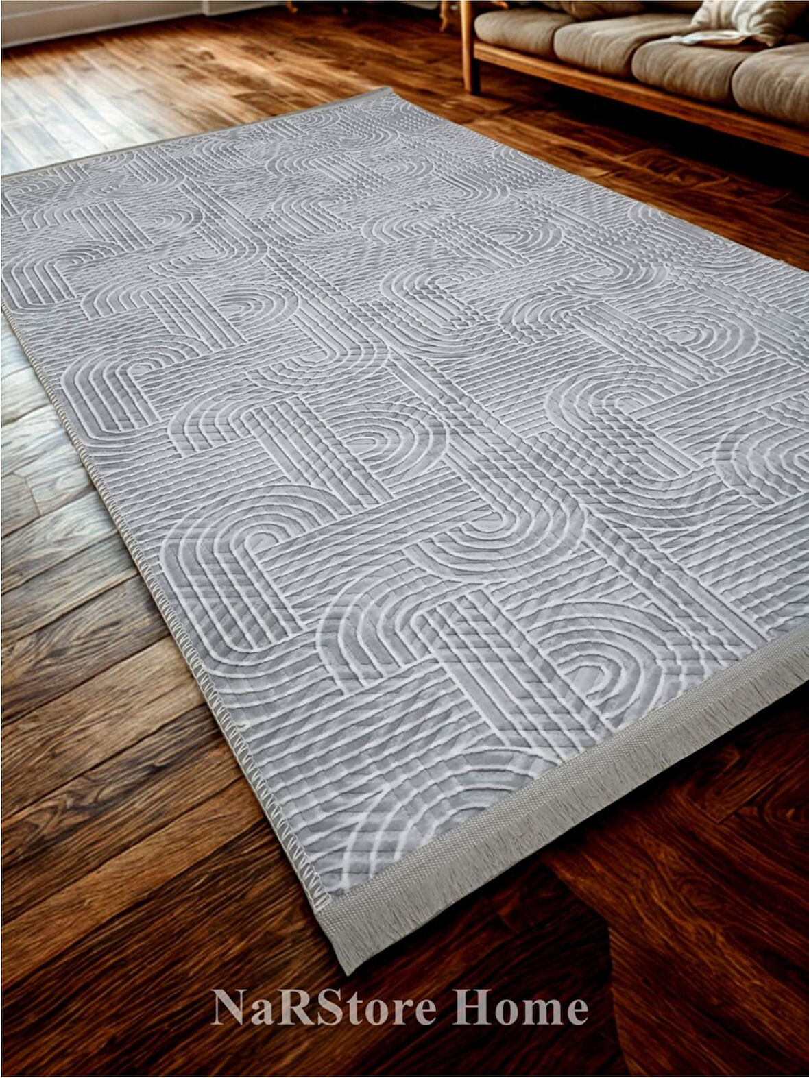 Kaymaz Taban Saçaklı Smart Diamond Gri Kabartmalı Yıkanabilir Kesme Yolluk Halı