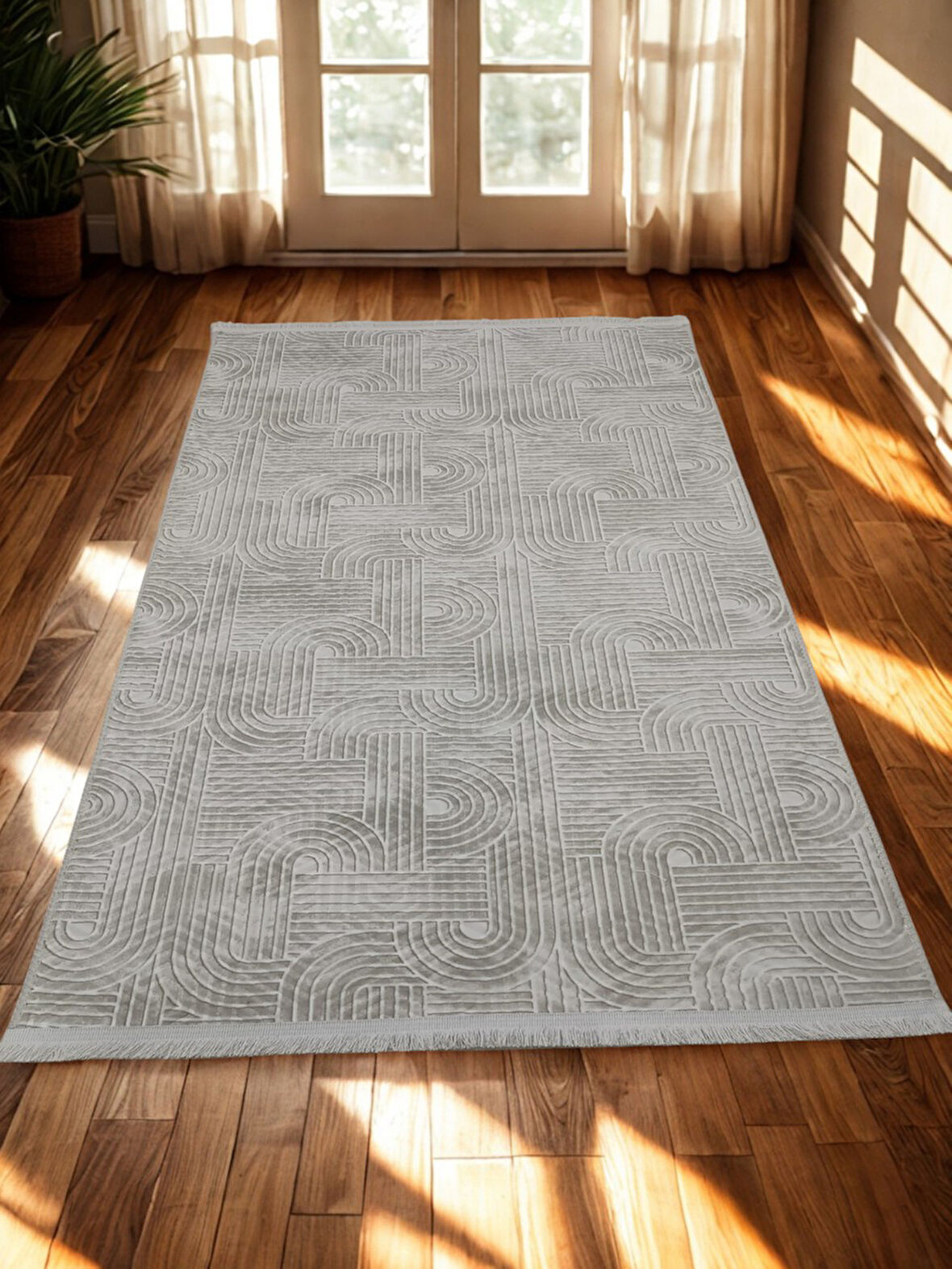 Kaymaz Taban Saçaklı Smart Diamond Krem Kabartmalı Yıkanabilir Kesme Yolluk Halı