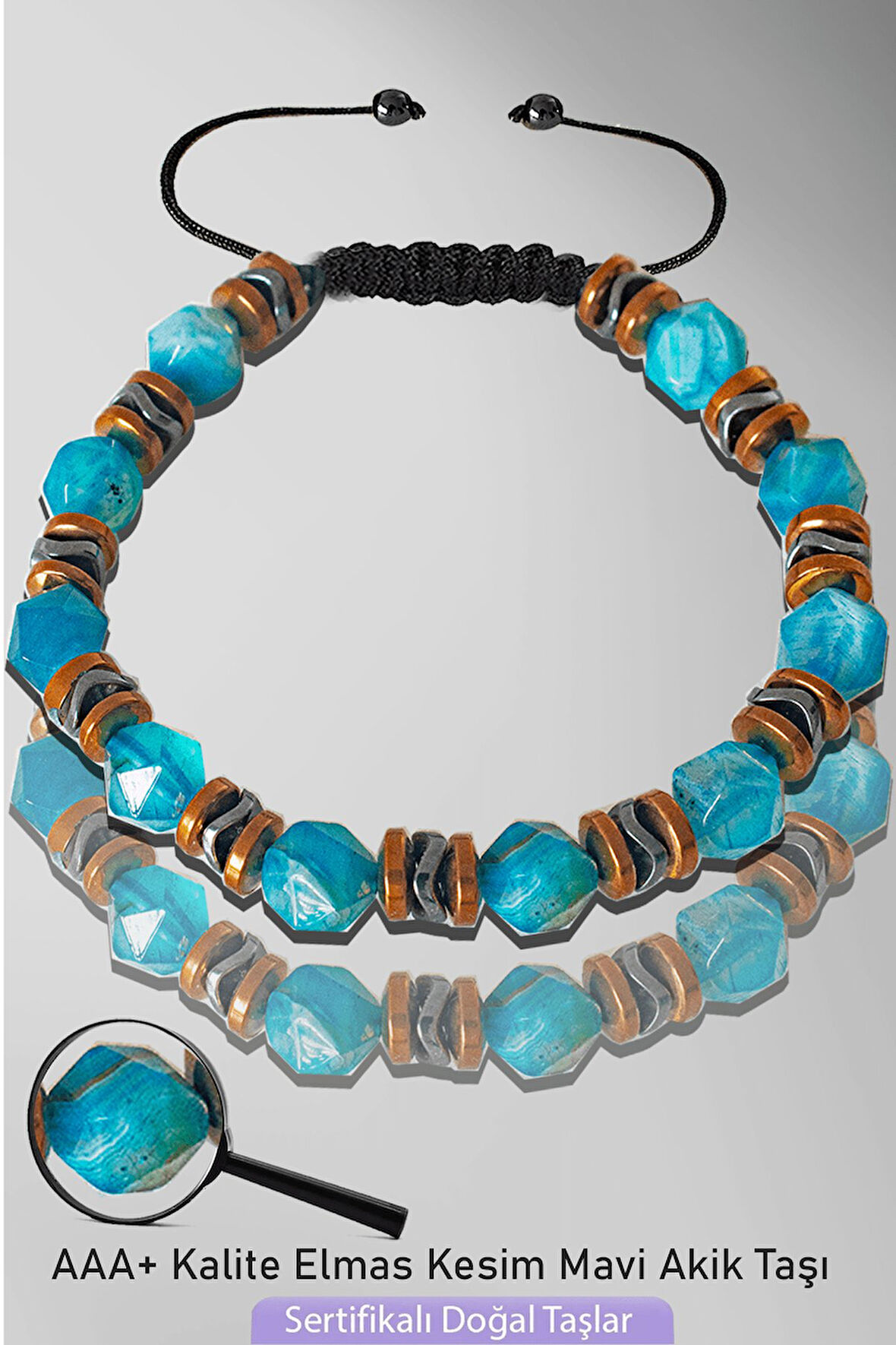 Sertifikalı AAA+ Rose Hematitli Elmas Kesim Mavi Akik Taşı Bileklik - Ayarlamalı