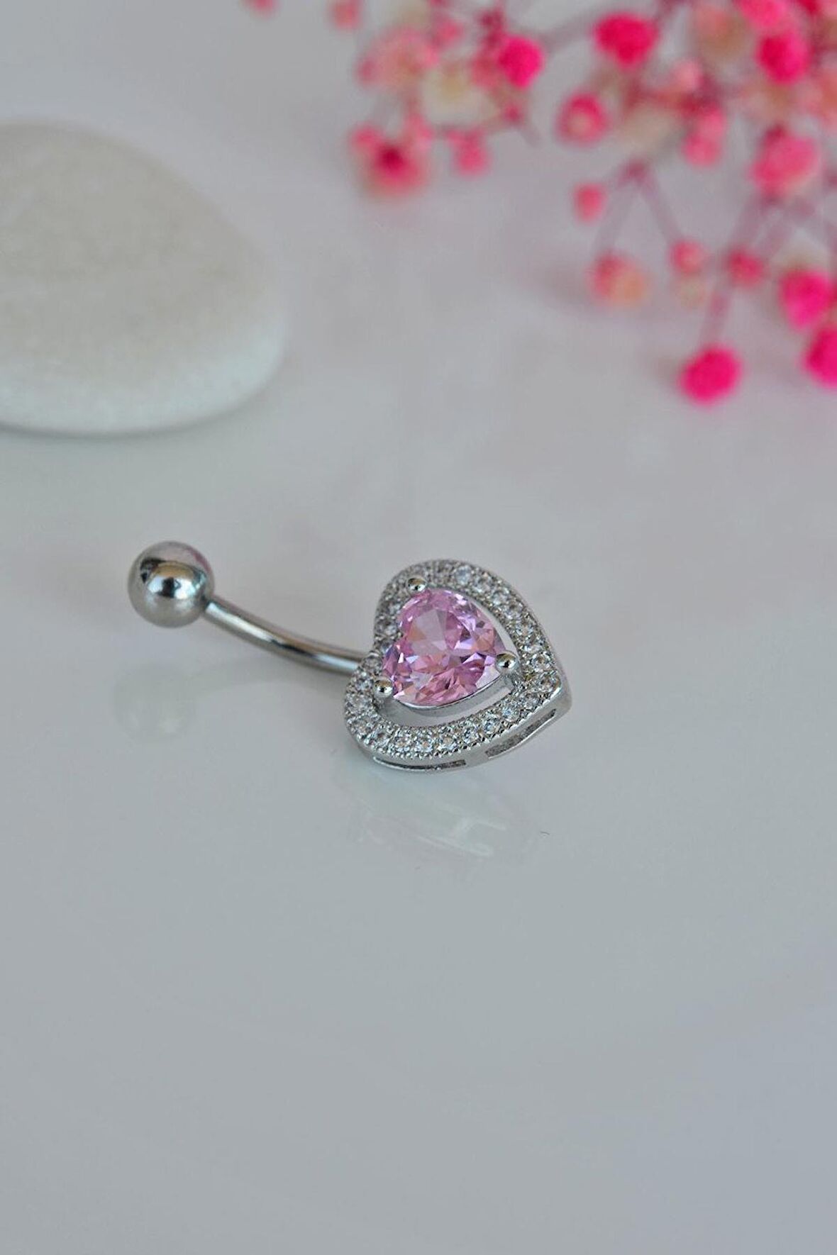 Kalp Model Pembe Taşlı Çelik Göbek Piercing