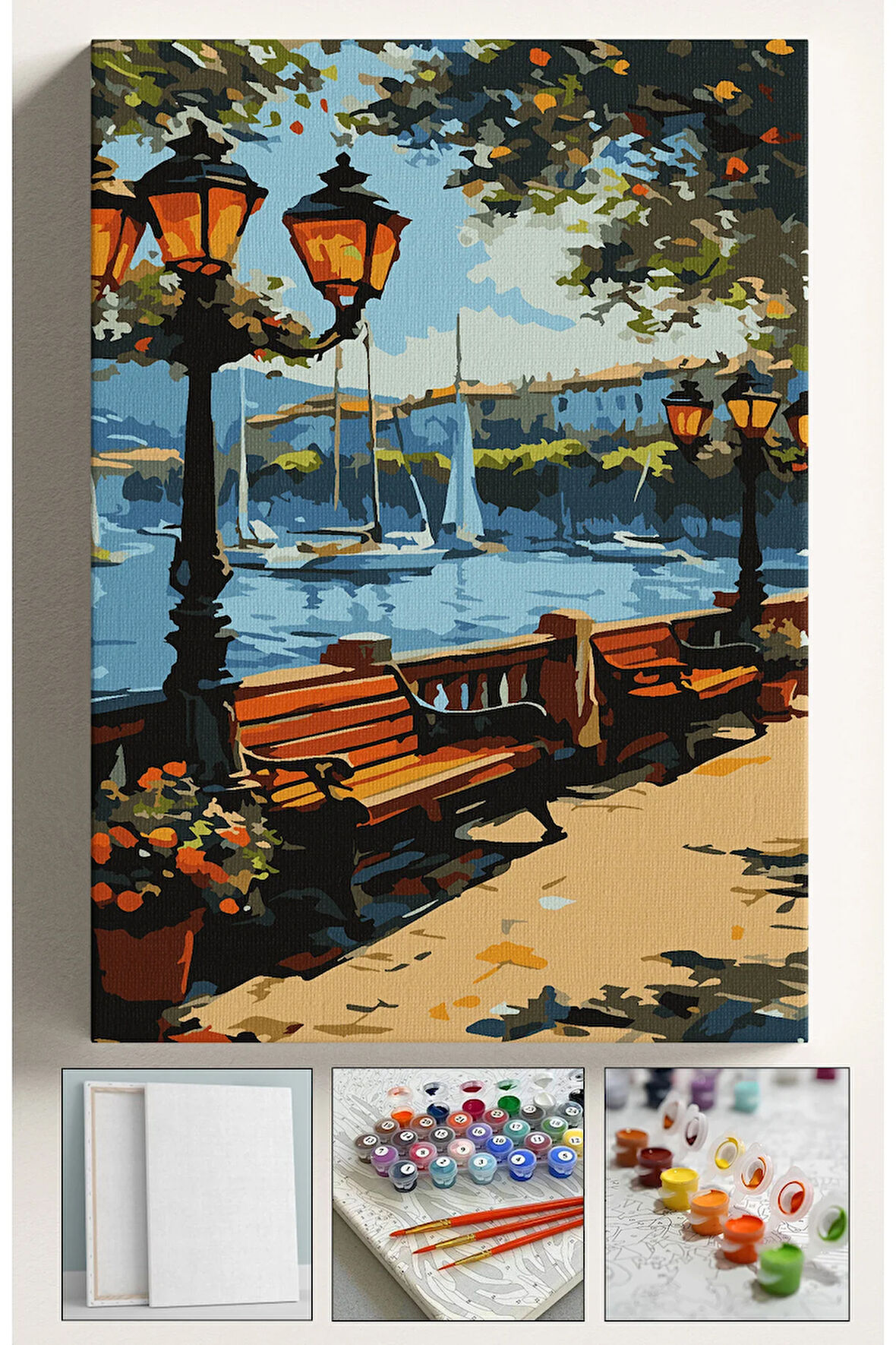 Sayılarla Boyama Seti Numaralı Tuval Fırça Boya 40x50 Cm Sahilde Bank