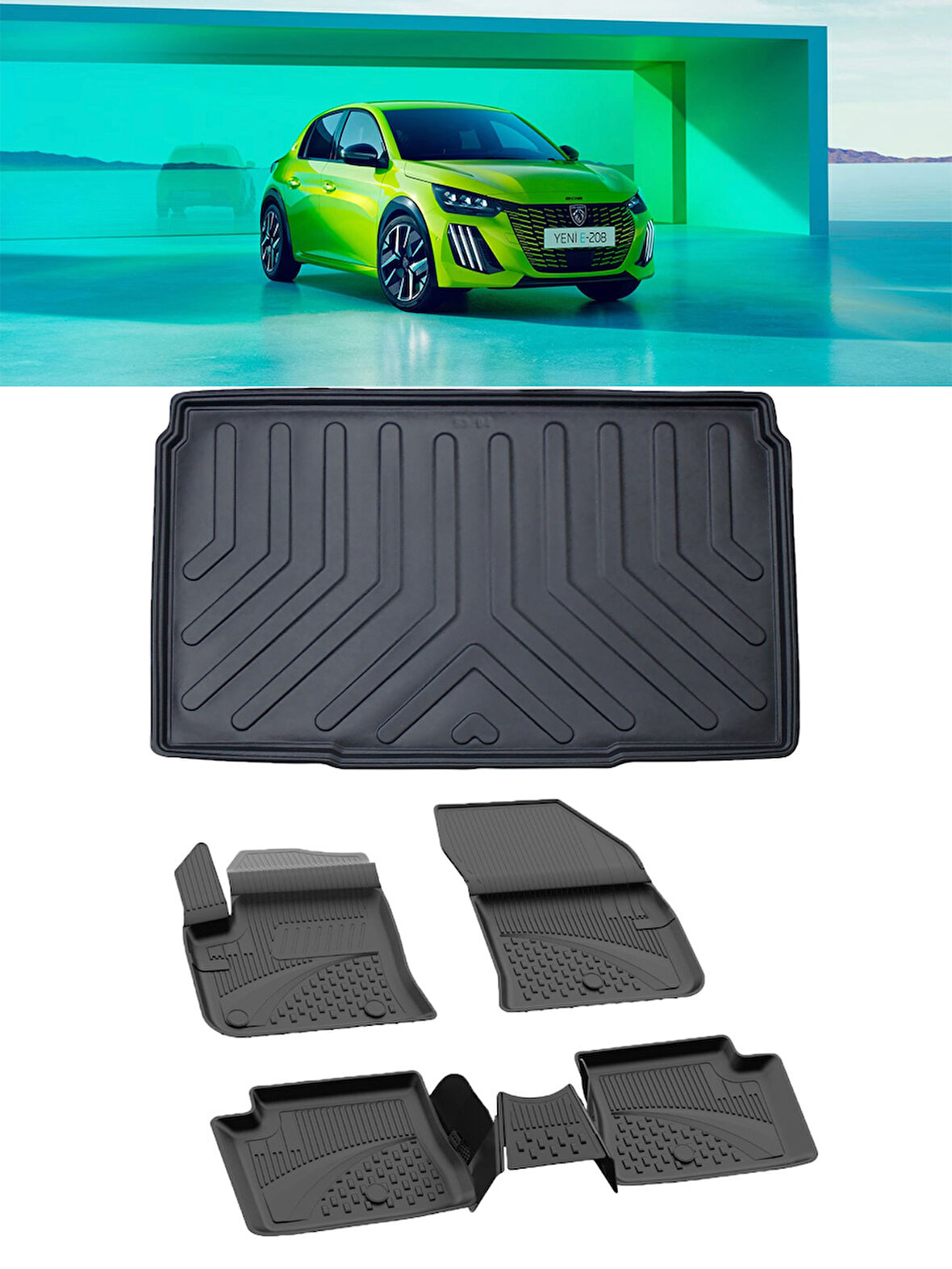 Sahler Peugeot 208 Elektrikli  2022 ve Sonrası 4.5 D Paspas 3D Rizline 3D Bagaj Havuzu Set