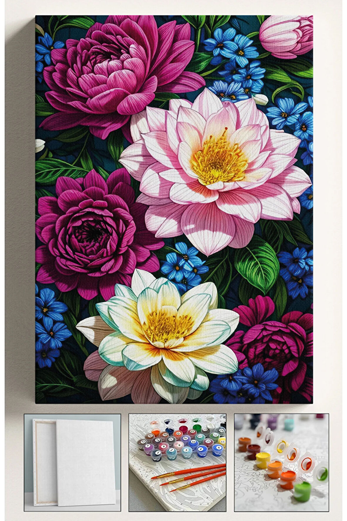 Sayılarla Boyama Hobi Seti Çerçeveli Numaralı Tuval Fırça Boya  Kasnaklı ŞAKAYIK ÇİÇEKLER 40x50 Cm