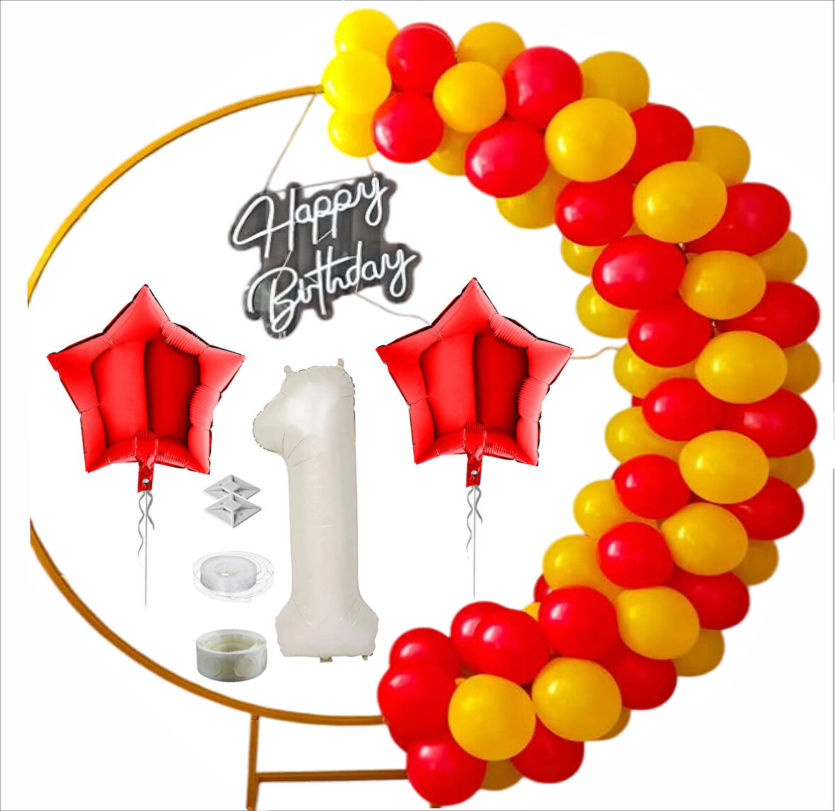 TARAFTAR SARI, KIRMIZI 20 ADET BALON 2 ADET YILDIZ, 1 YAŞ KREM FOLYO BALON SETİ 