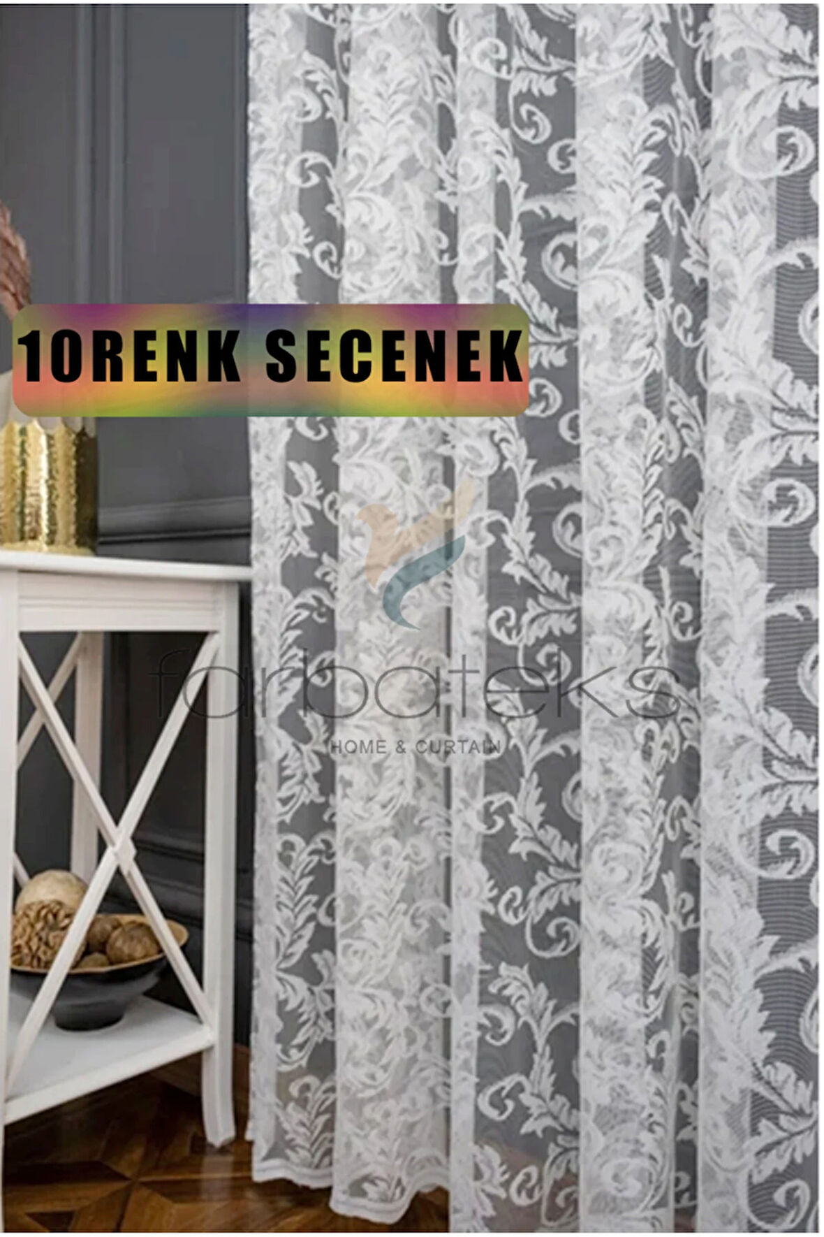 Klasik Şal Desen Kırık Beyaz Renk Desen Tasarım 2 Kat Pileli Tül Perde