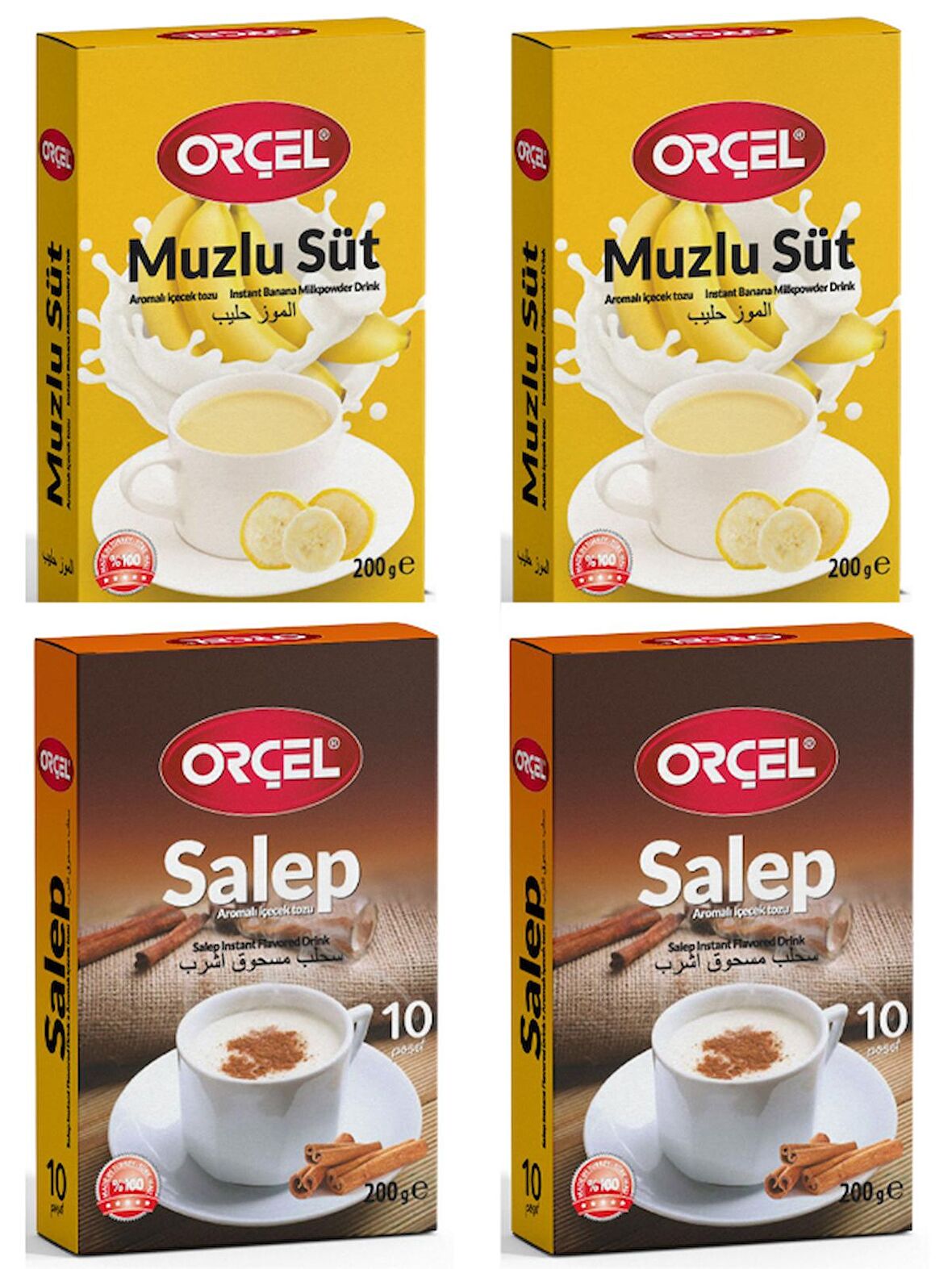 Orçel 2 Muzlu Süt + 2 Sahlep Aromalı İçecek Tozu Oralet Çay 4x200gr.