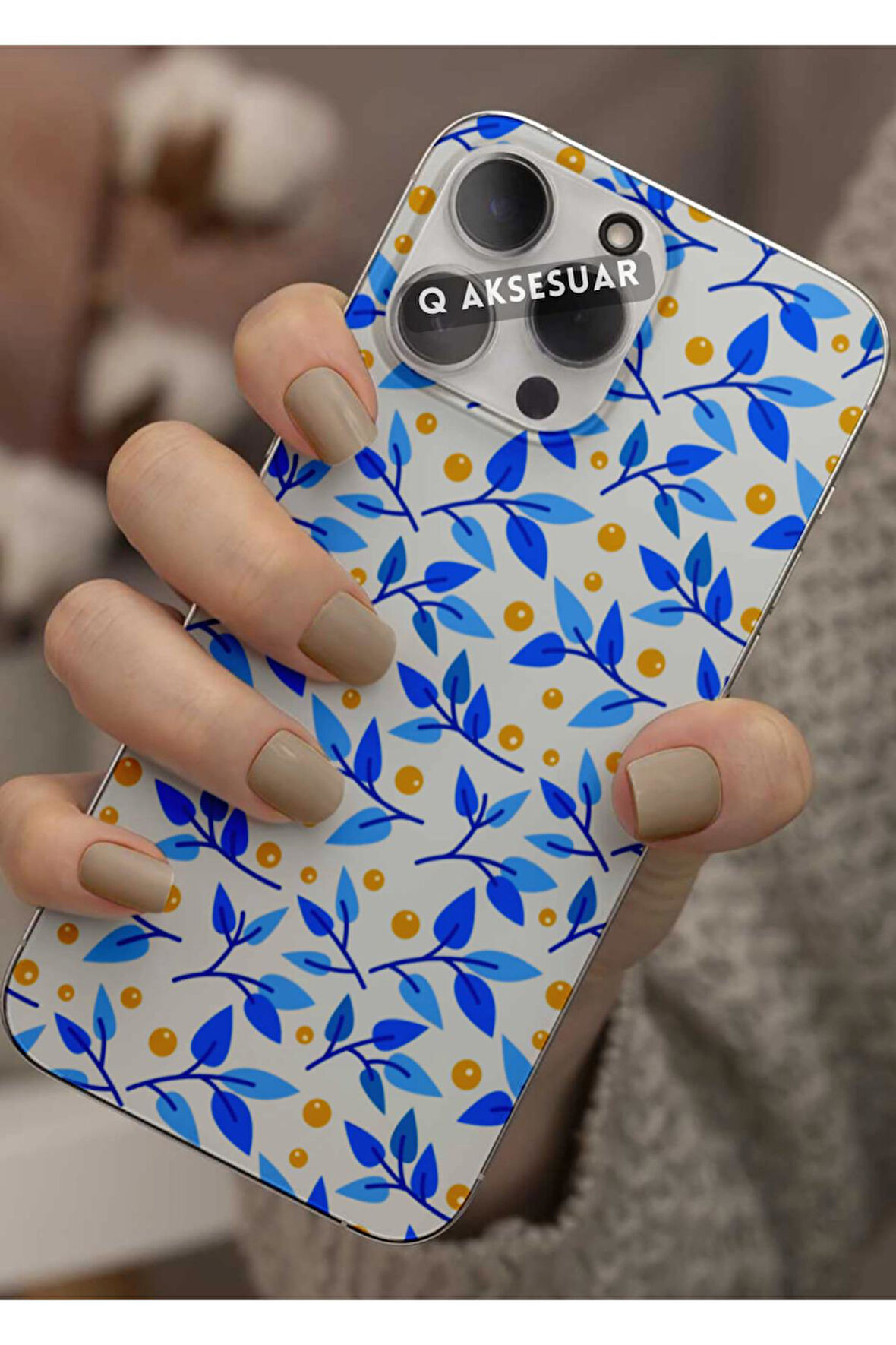 Samsung Galaxy A21s Uyumlu Mavi Yapraklar Tasarımlı Şeffaf Telefon Kılıfı Kapak Case