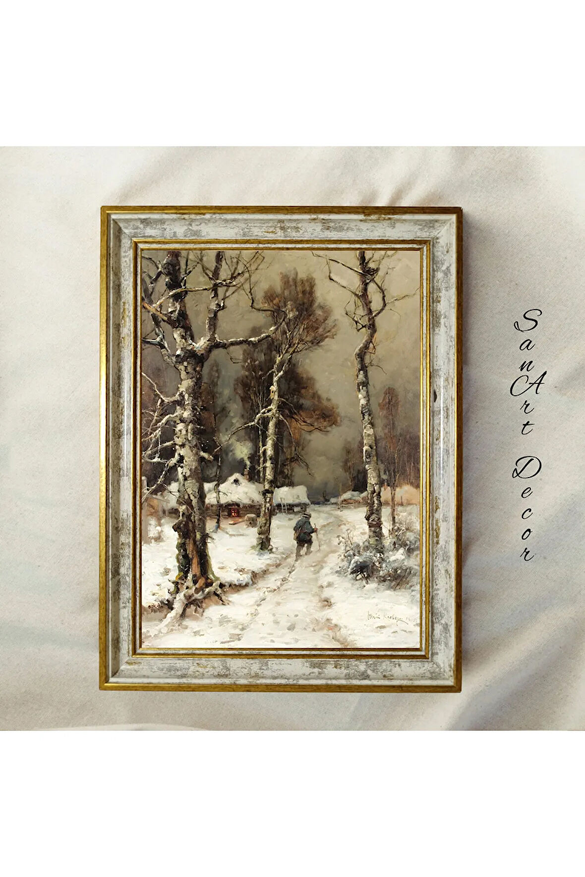 Çerçeveli Vintage Tablo, Yağlı Boya Tablosu, Çerçeveli Tablo, Sanatsal Dekor, Kış Manzara Tablosu