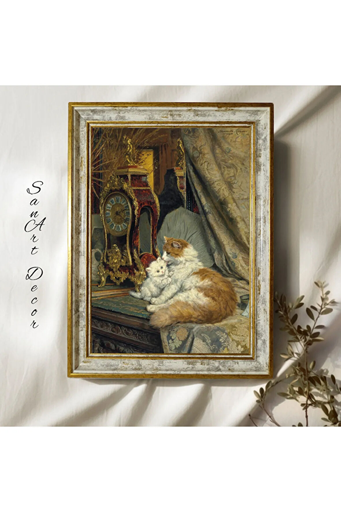 Çerçeveli Vintage Tablo, Yağlı Boya Tablosu, Çerçeveli Tablo, Sanatsal Dekor, Kedi Tablosu