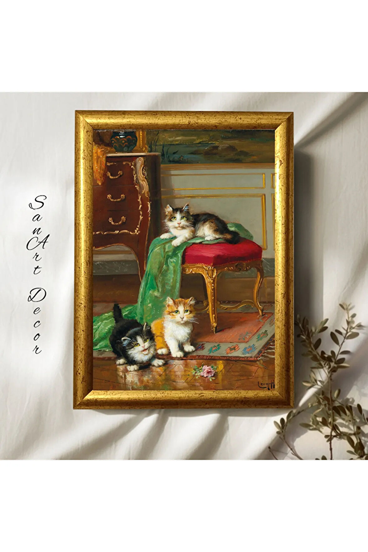 Çerçeveli Vintage Tablo, Yağlı Boya Tablosu, Çerçeveli Tablo, Sanatsal Dekor, Kedi Tablosu
