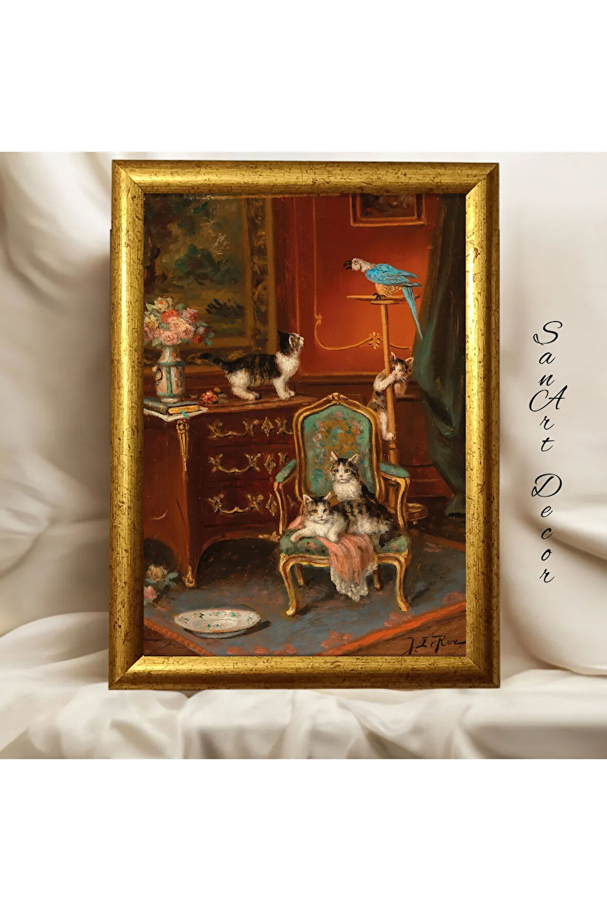 Çerçeveli Vintage Tablo, Yağlı Boya Tablosu, Çerçeveli Tablo, Sanatsal Dekor, Kedi Tablosu