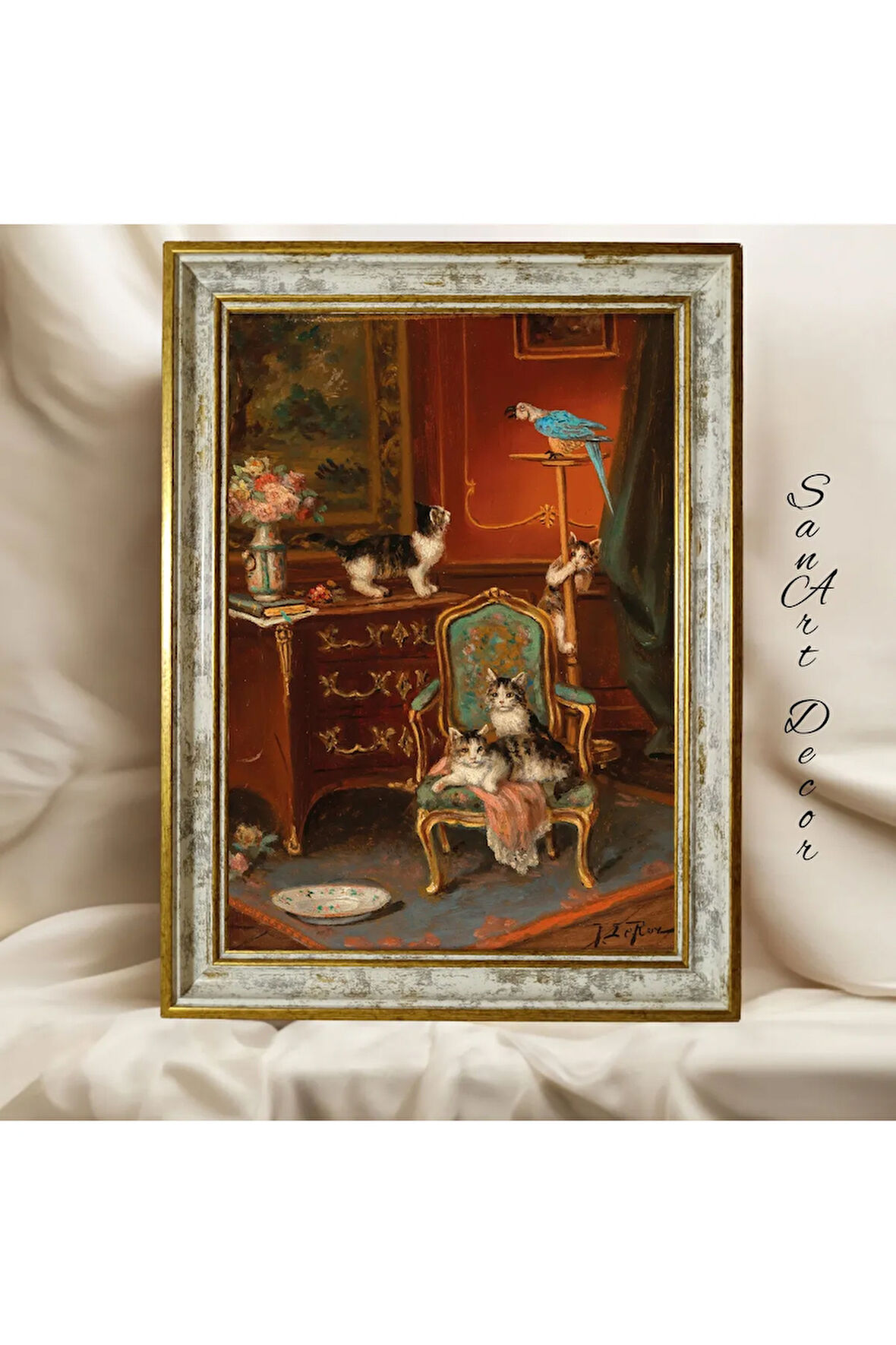 Çerçeveli Vintage Tablo, Yağlı Boya Tablosu, Çerçeveli Tablo, Sanatsal Dekor, Kedi Tablosu