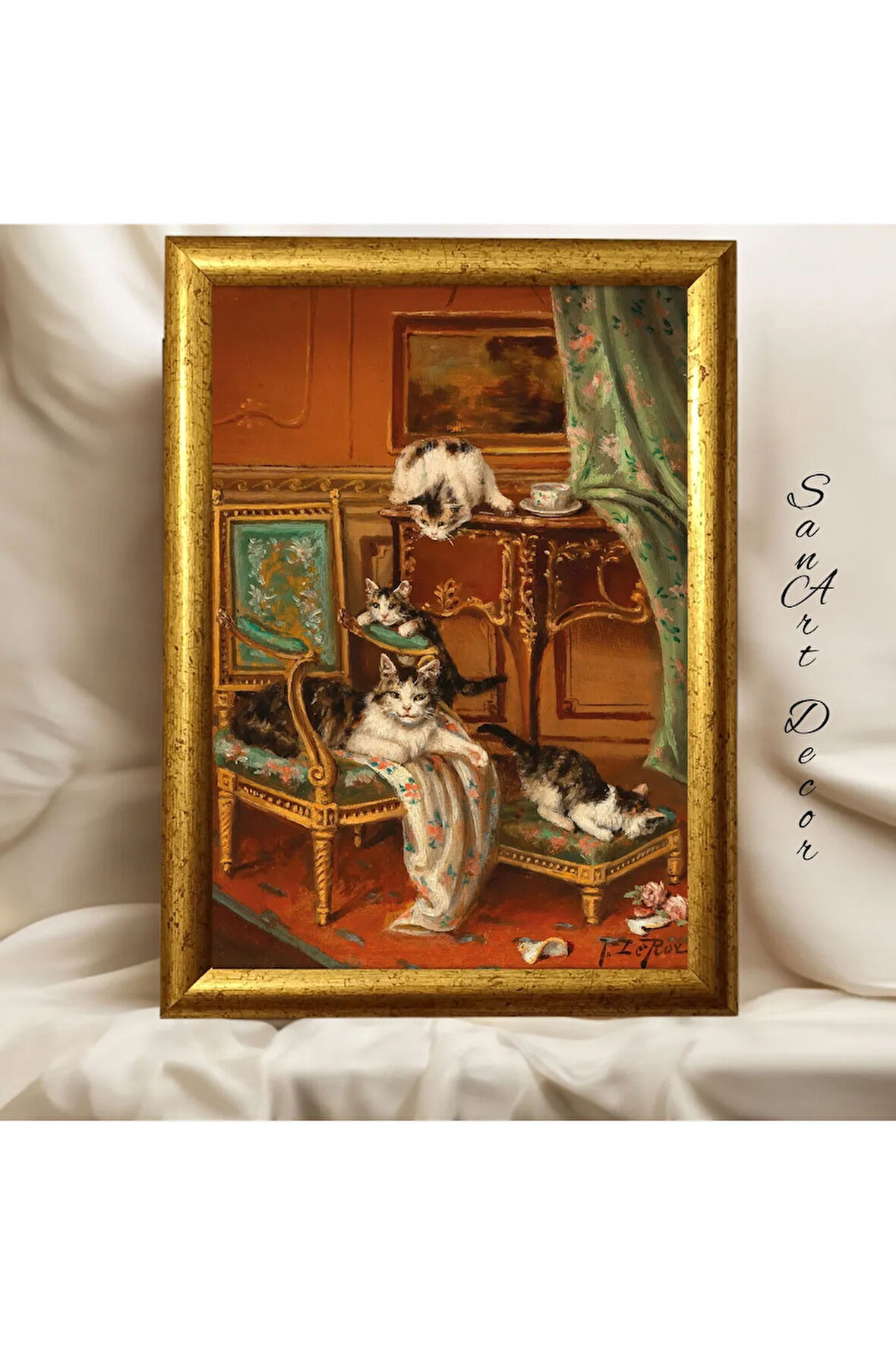 Çerçeveli Vintage Tablo, Yağlı Boya Tablosu, Çerçeveli Tablo, Sanatsal Dekor, Kedi Tablosu